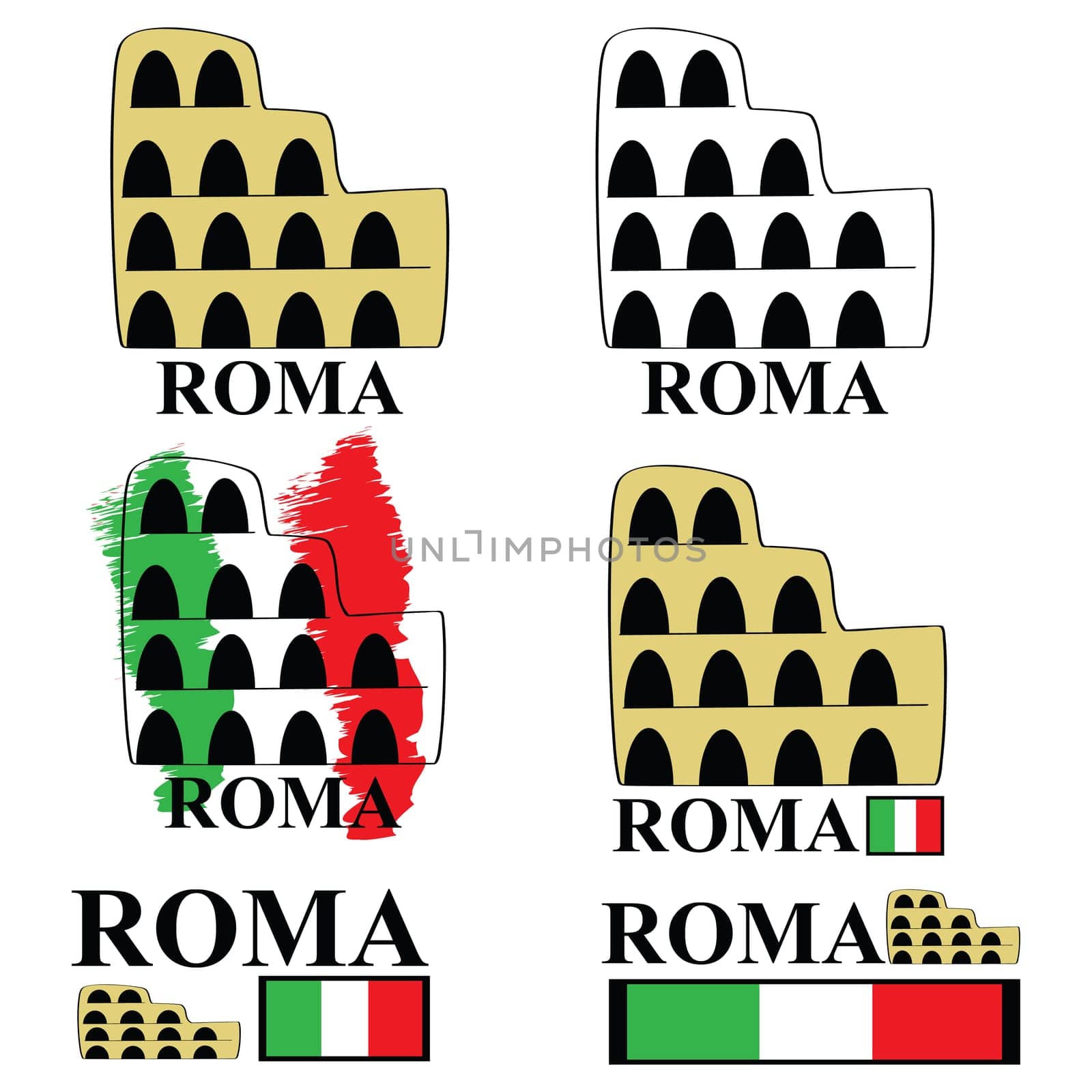 Stylized cartoon representation of the Coliseum in Rome, with the Italian spelling for the city (Roma) and the Italian colors