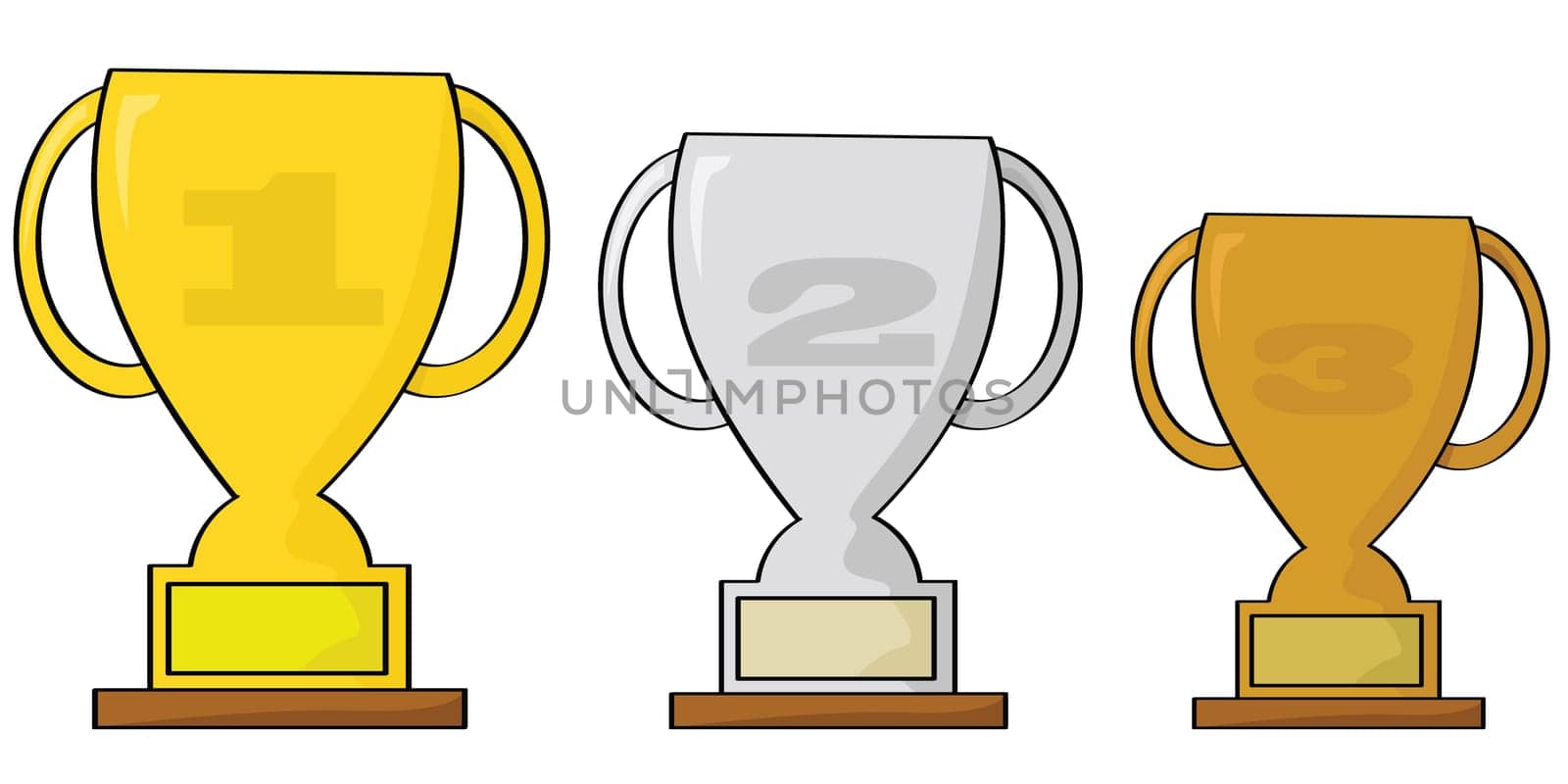 Cartoon illustration of three trophies to be awarded for a top 3 finish in a sporting event: gold, silver and bronze