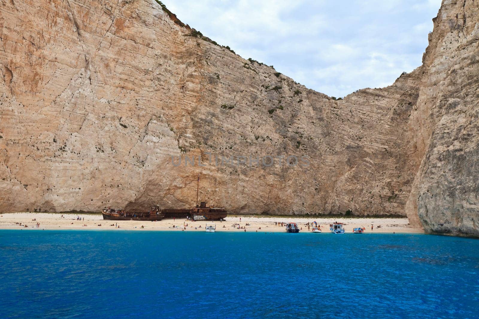 view of the shipwreck on the beach Navagio in Zakynthos, Greece