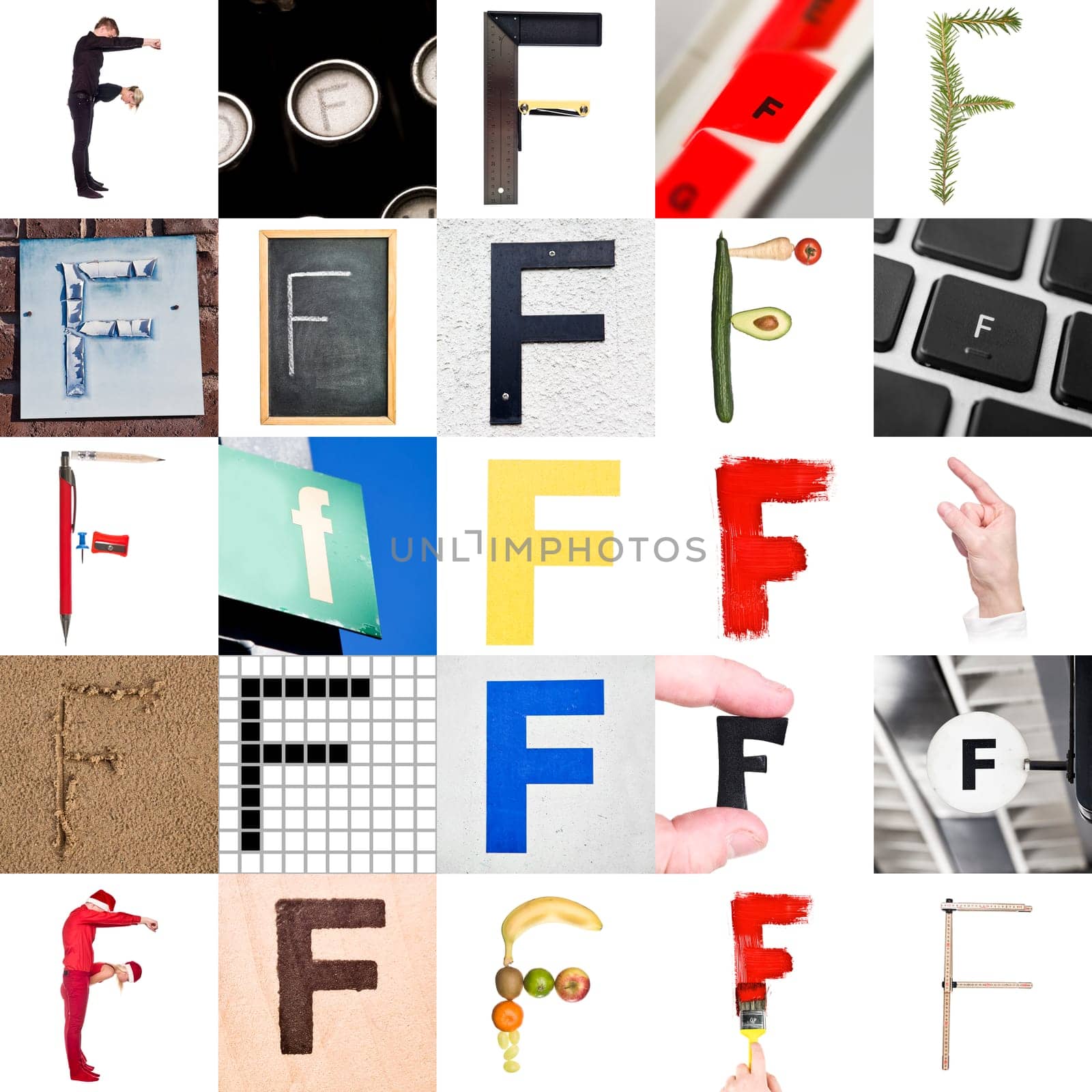 Collage with 25 images with letter F