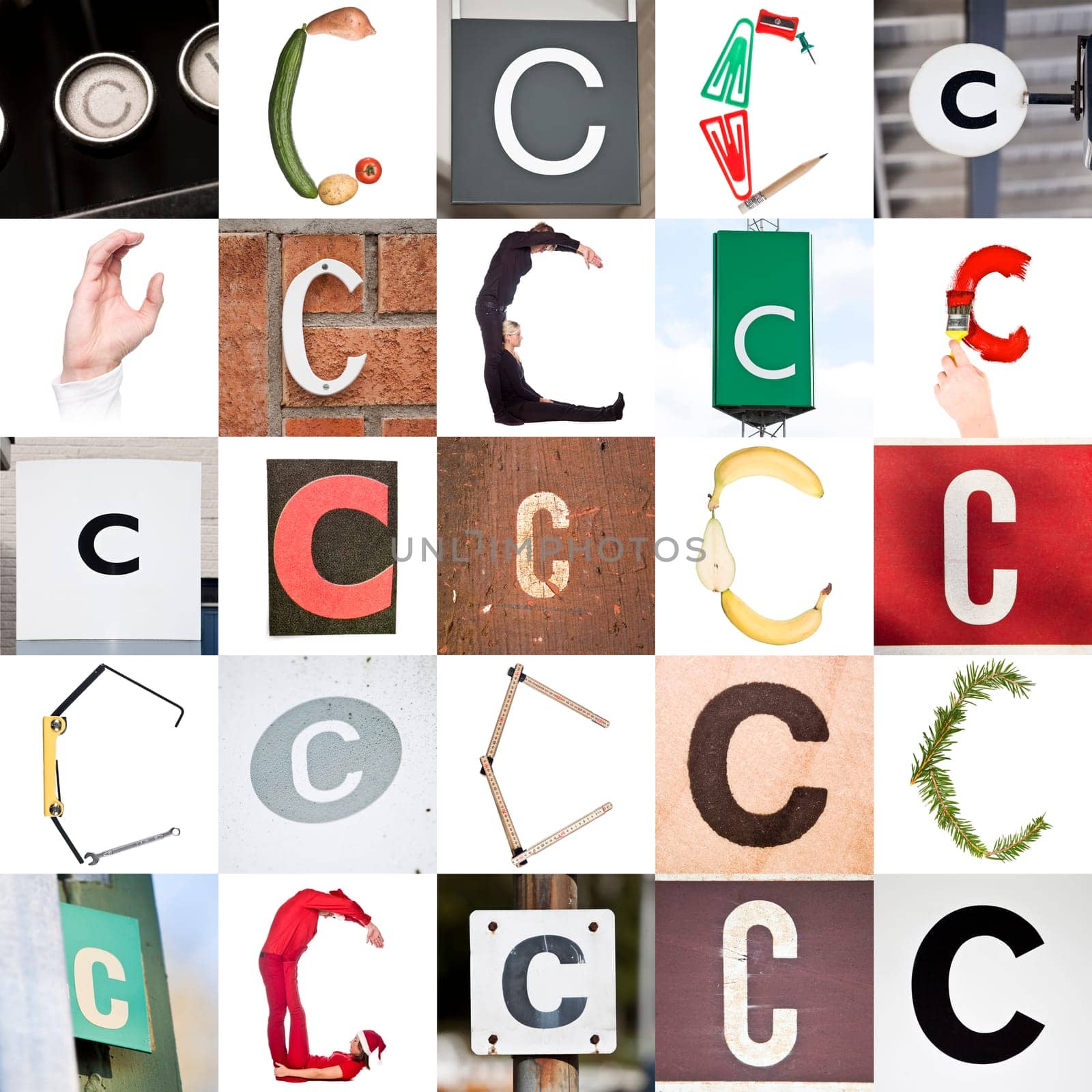 Collage with 25 images with letter C