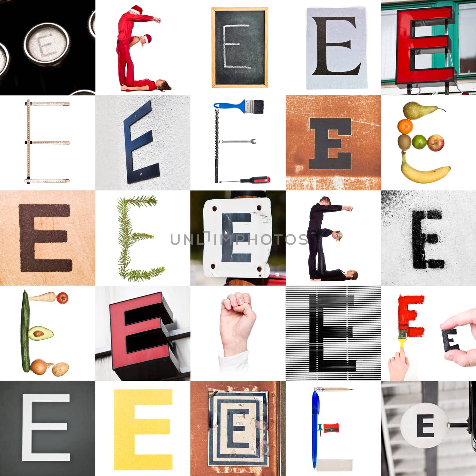 Collage with 25 images with letter E