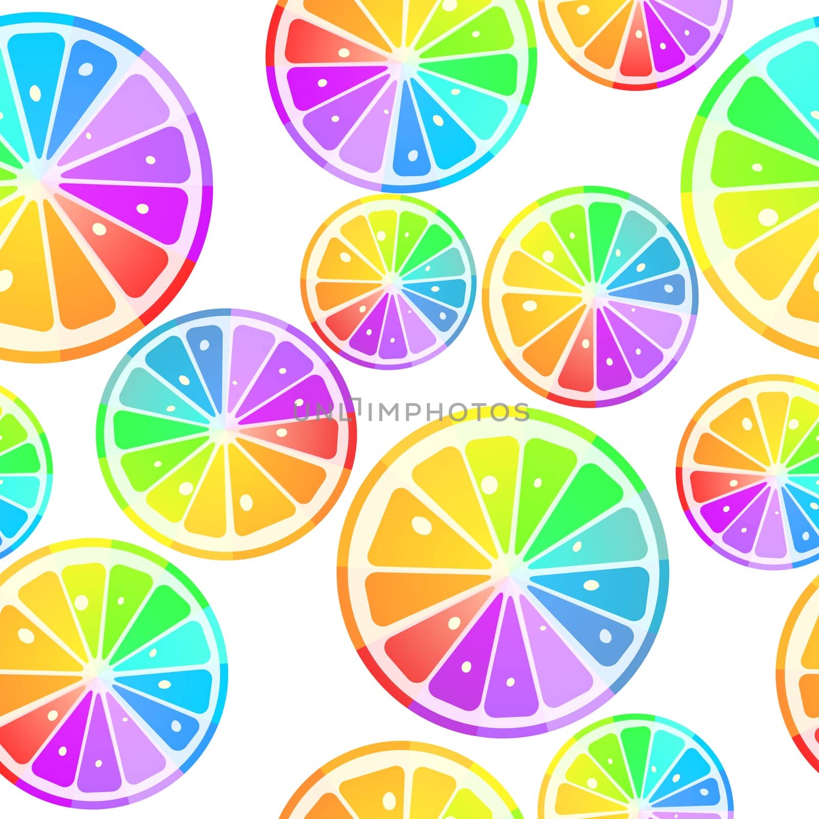 Seamless pattern with rainbow lemon slices over white background
