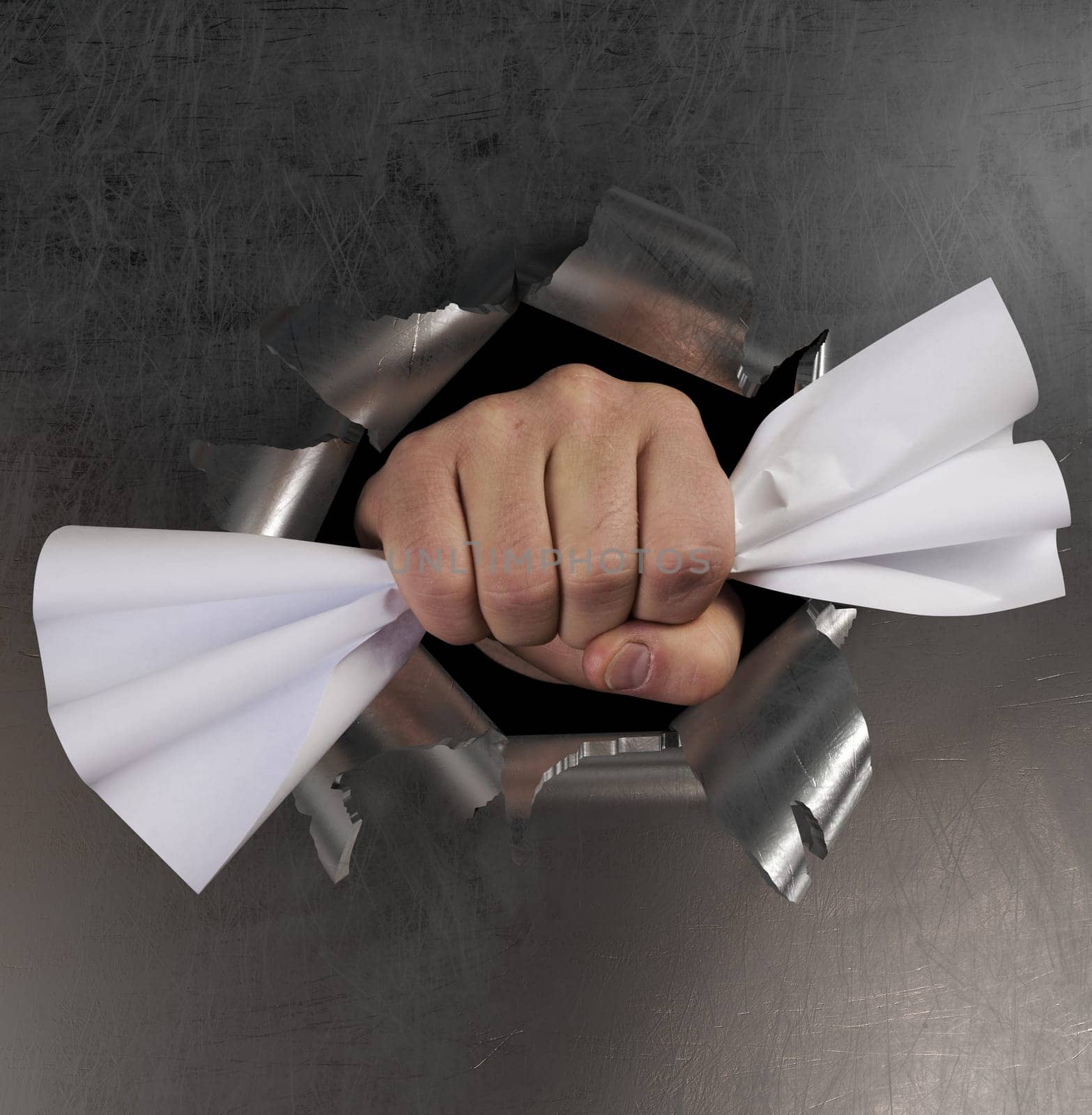 A fist punching through a sheet metal and creating a hole burst