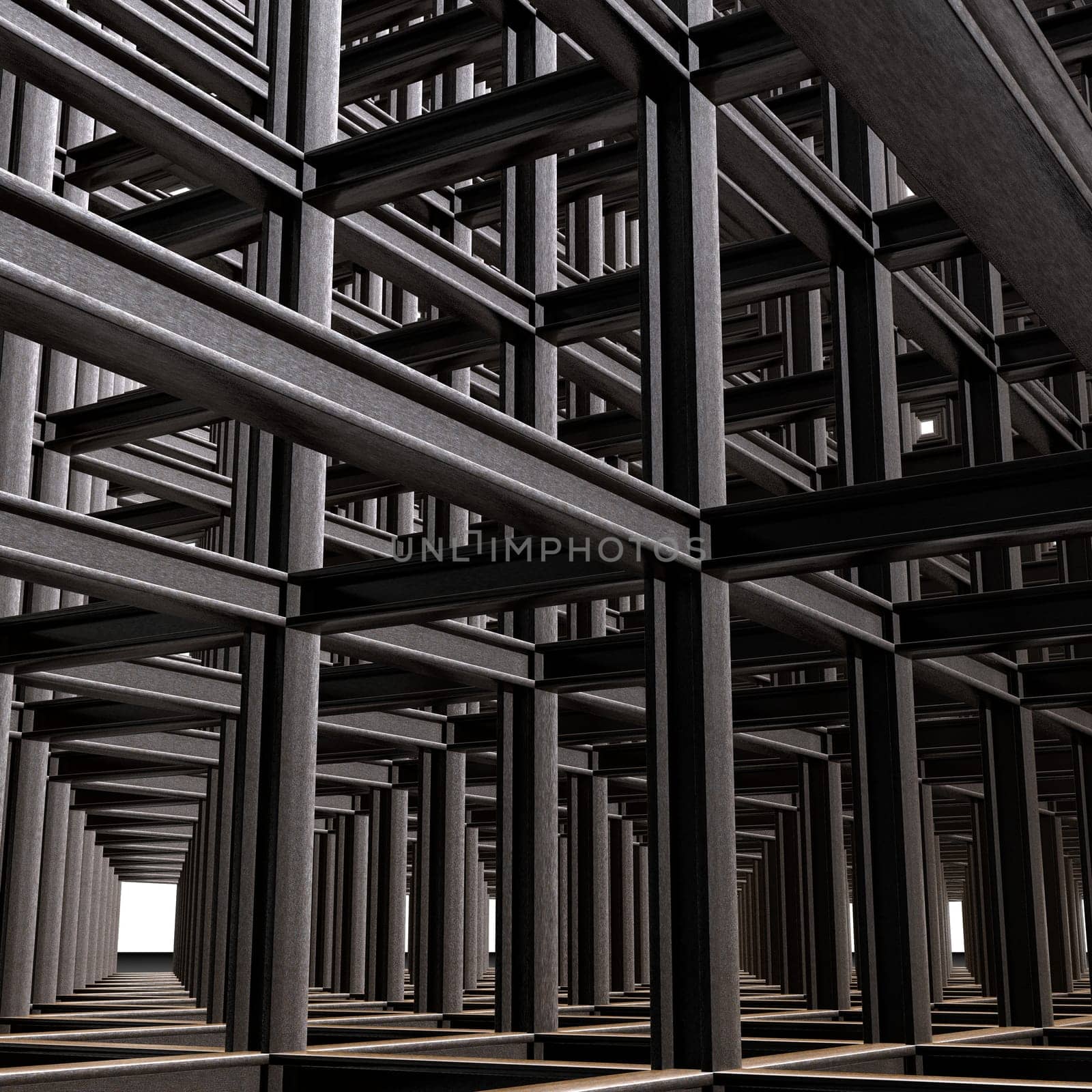 Structural abstract of intersecting steel beams in a 3D matrix