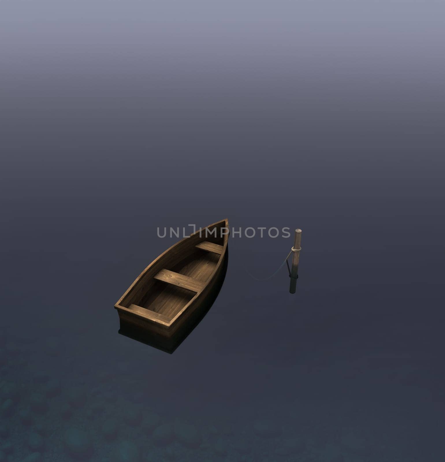Wooden row boat moored to a post on a glassy lake