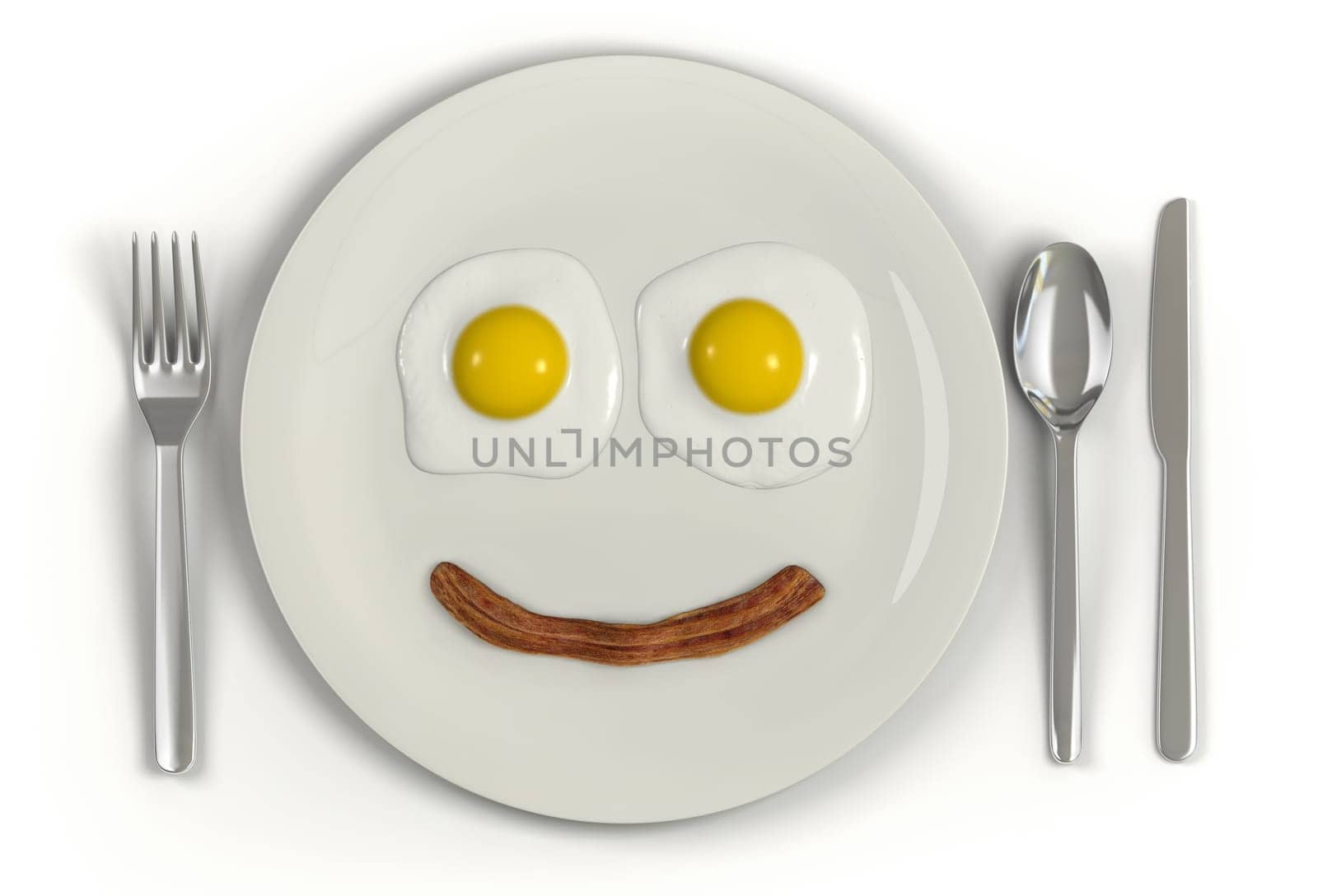 A plate with a frowning face made from two sunny side up eggs and a strip of bacon on a white background
