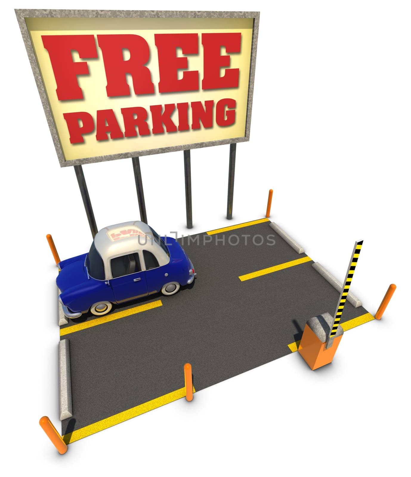 A Blue cartoon car parked in a free parking lot