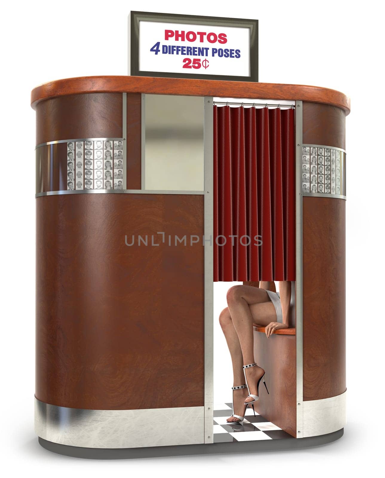 1950s style photo booth vending machine on a white background with clipping path