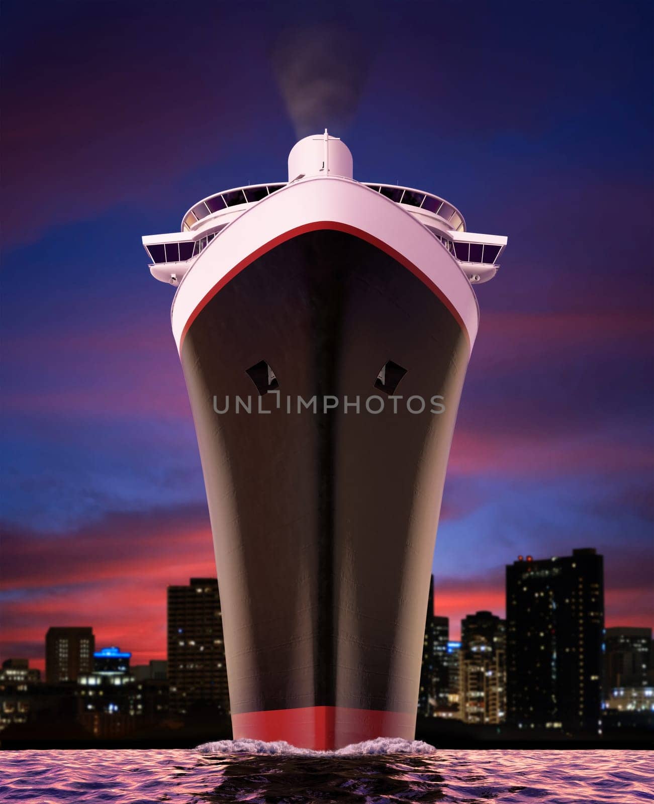Worm&#039 s eye view of a retro luxury cruise ship shot at water level during a  sunset.