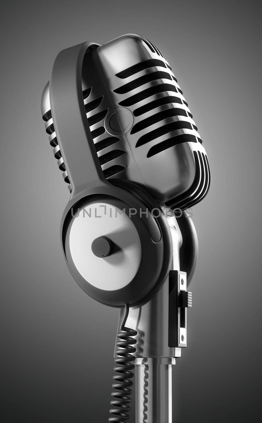 Black &amp  White 50&#039 s microphone with headphones &amp  clipping path included for those who need a different background.