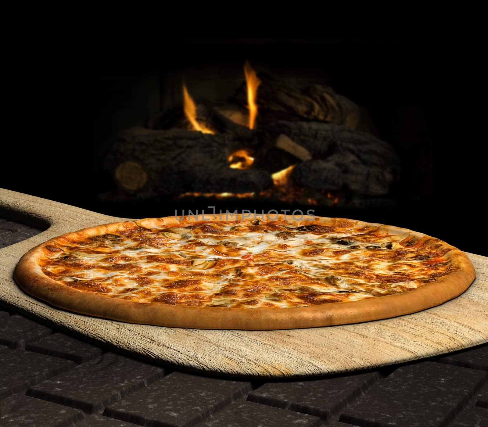 Pizza resting on a pizza peel near an open fire