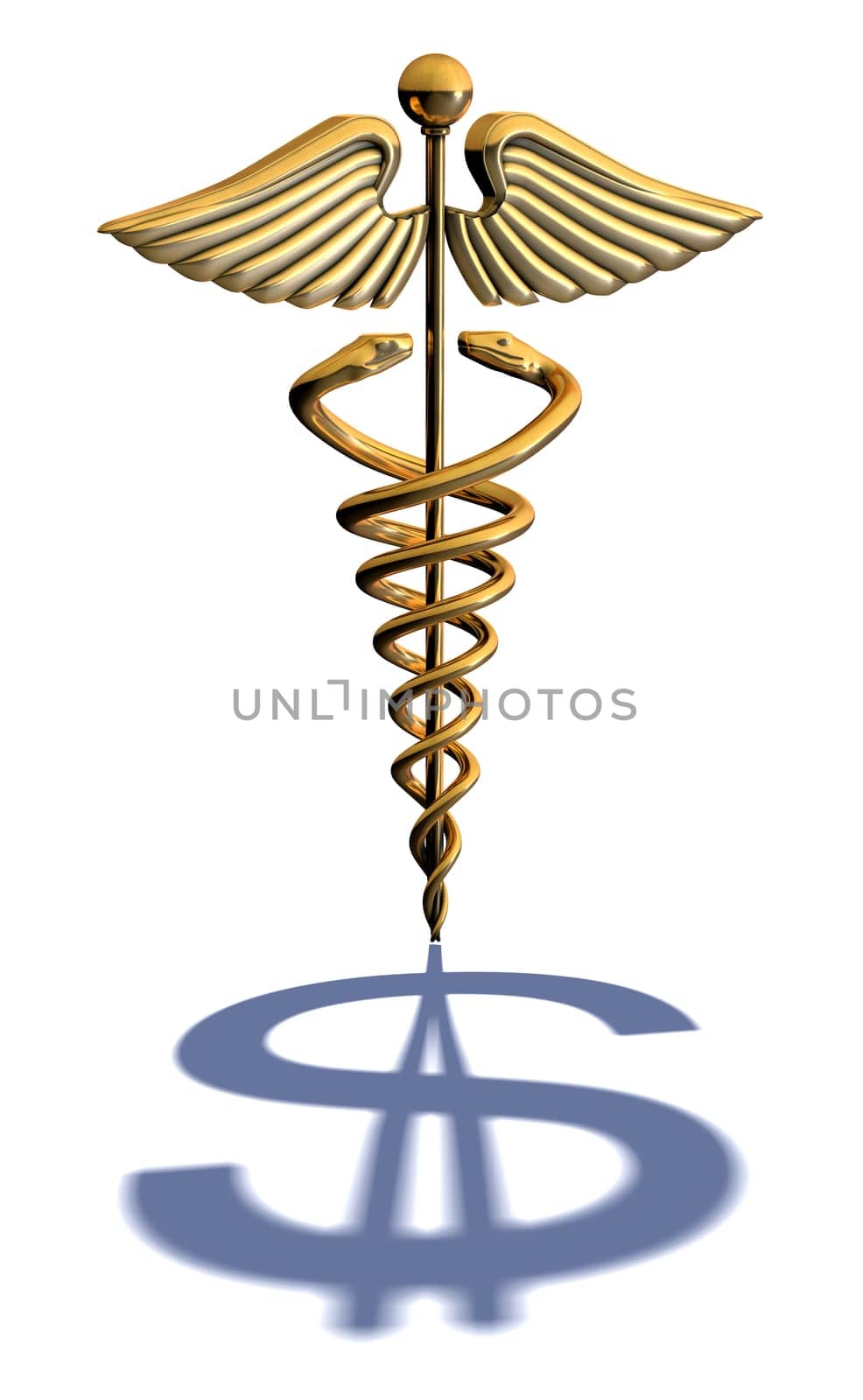 Chrome caduceus casting a shadow of a dollar on a white background