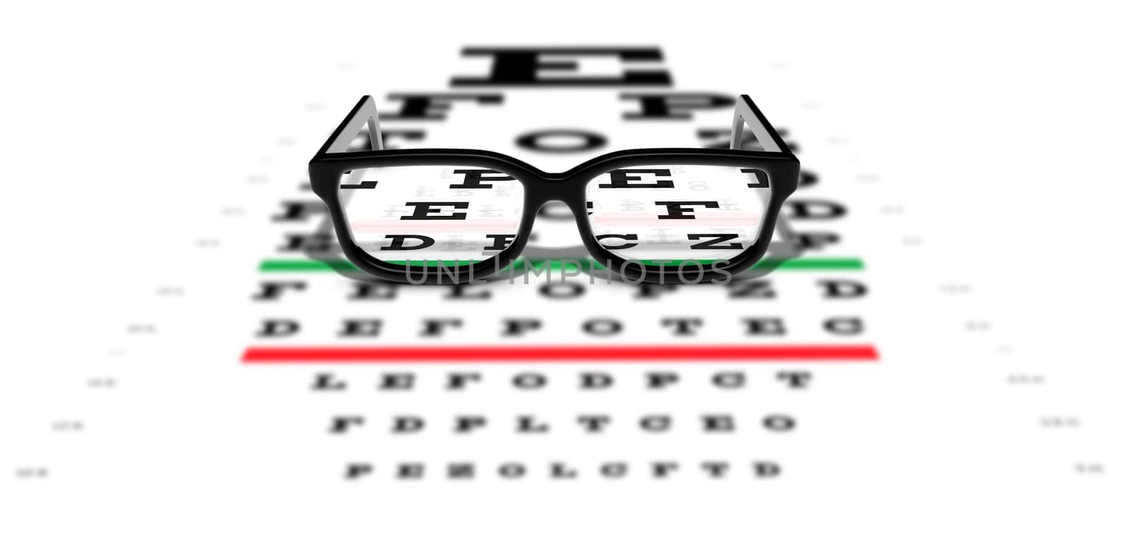 Prescription glasses sitting on an eye test chart