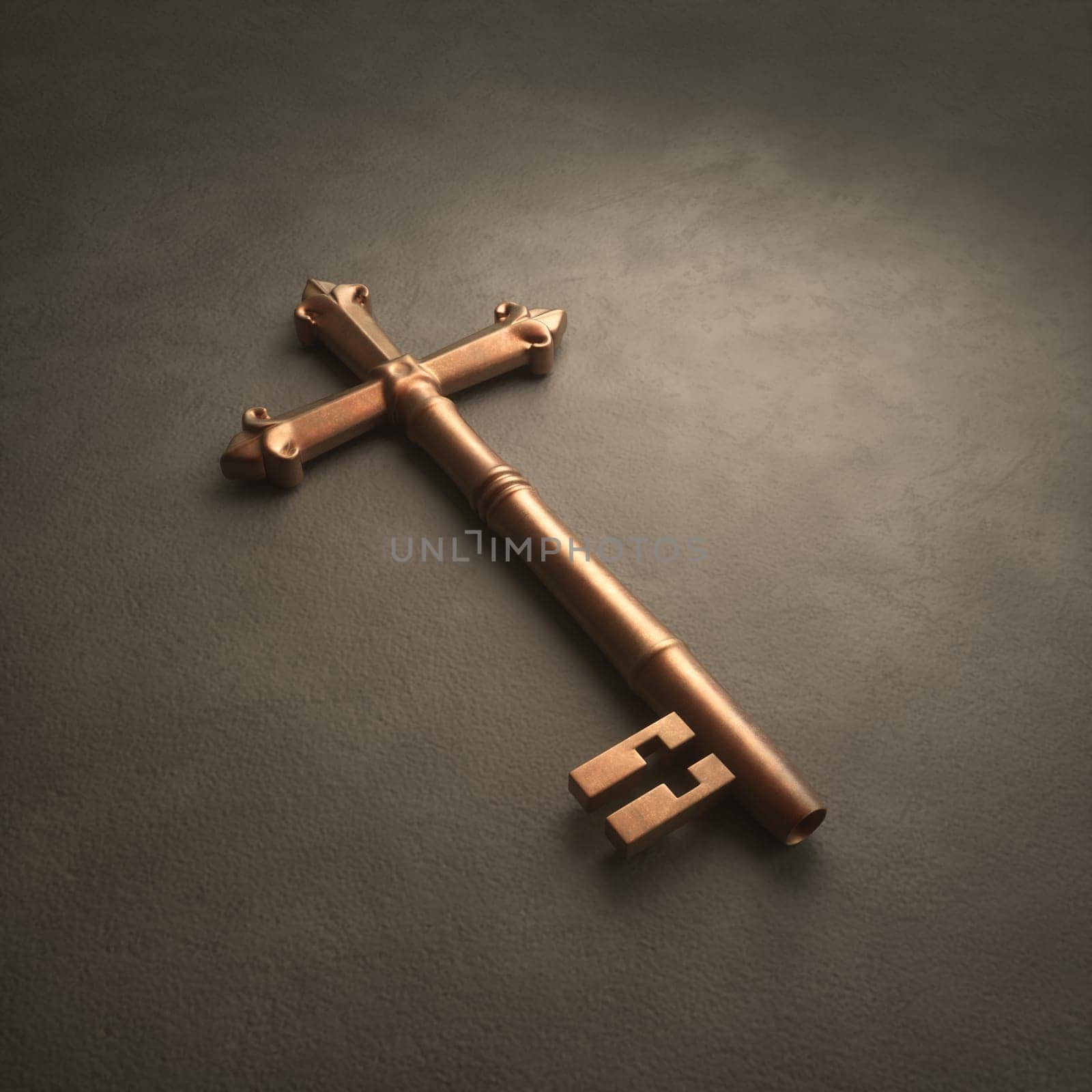 An old fashioned brass key laying on white surface shaped like a cross