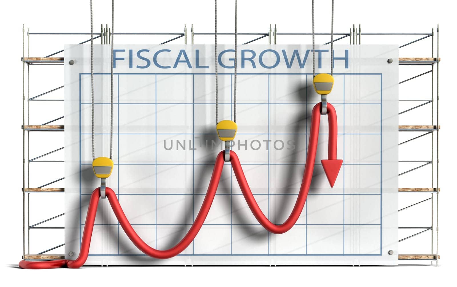 Business concept showing construction equipment attempting to hold a limp chart line into what appears to be an upward trend against a chart and scaffolding background.