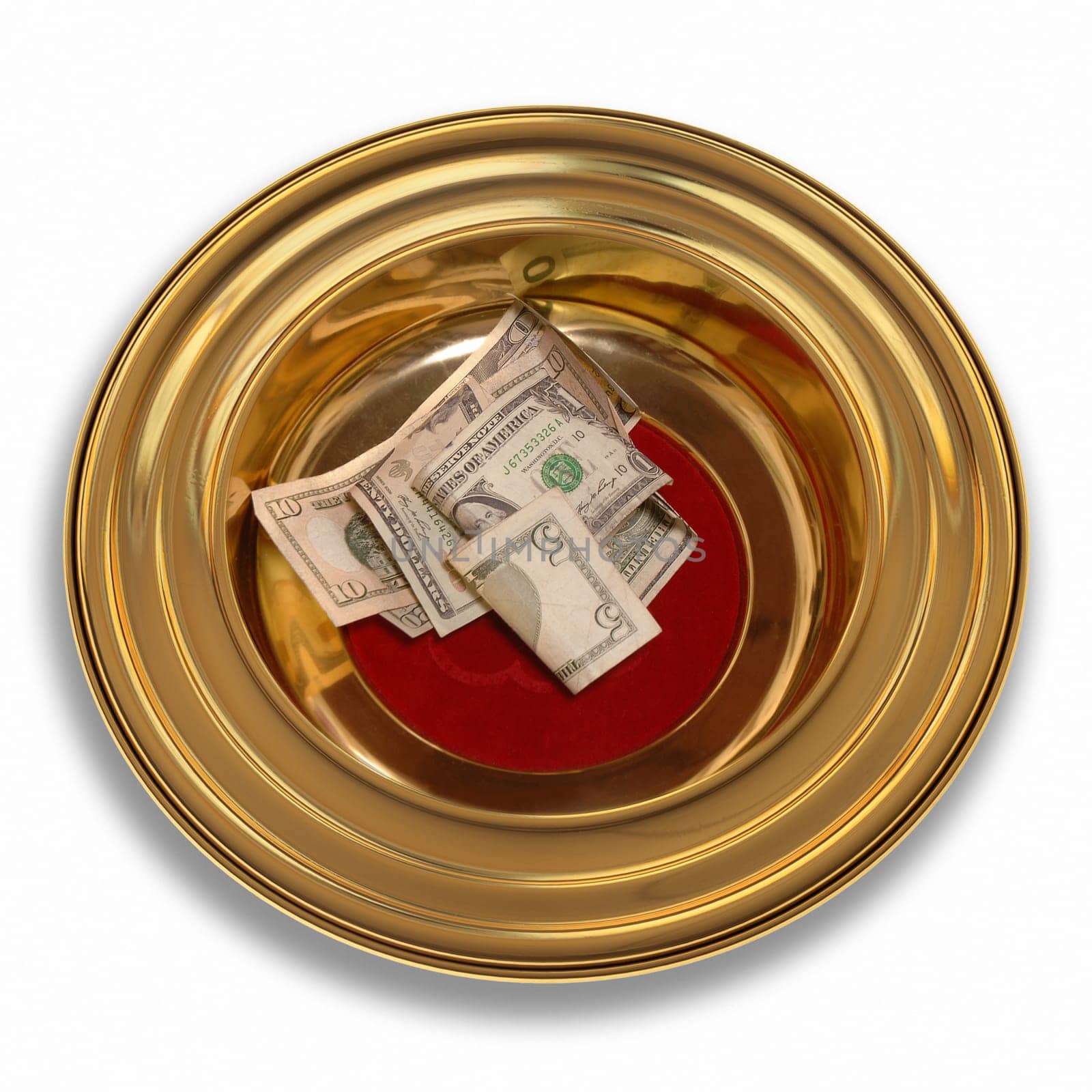 Church offering plate with some currency in it