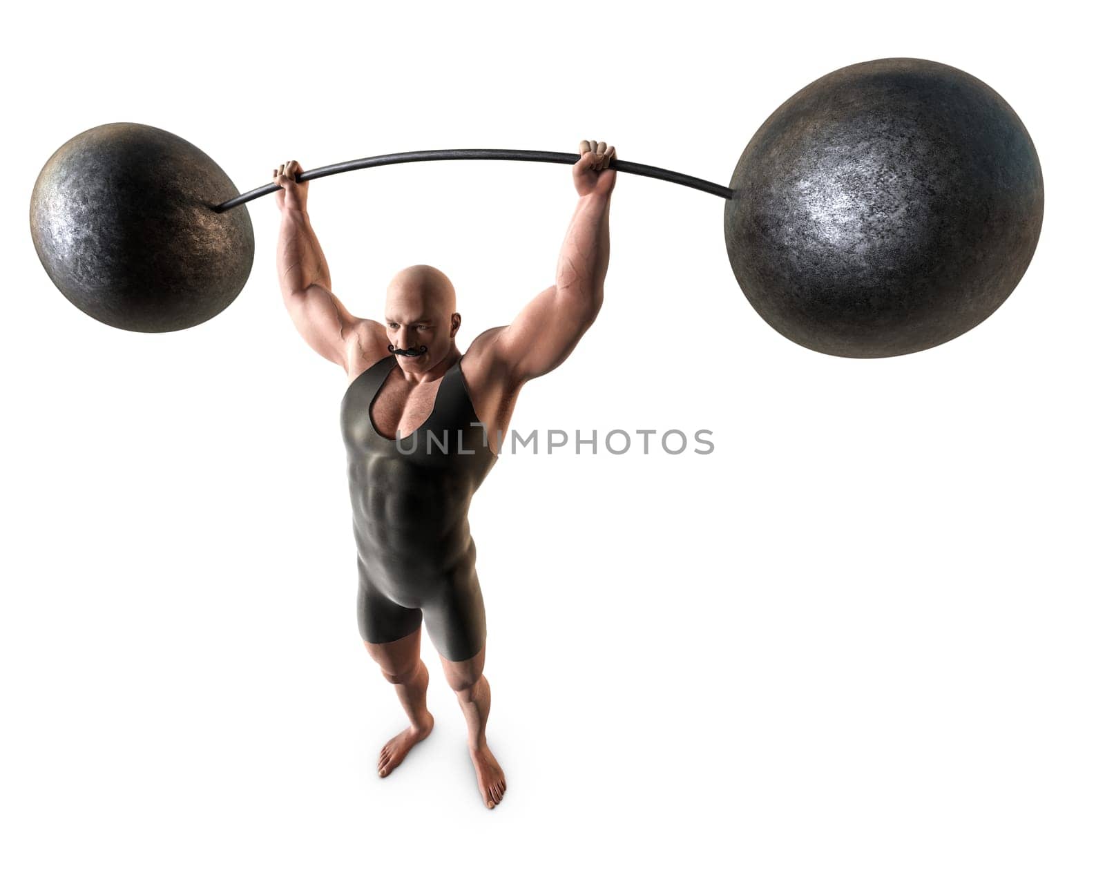 A muscular man with a handlebar mustache and a body suit lifting a weight with a bending bar.