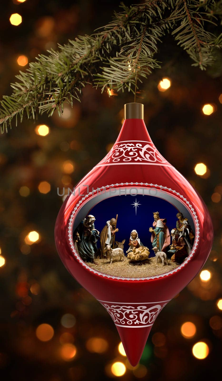 Christmas ornament featuiring a diorama of the nativity