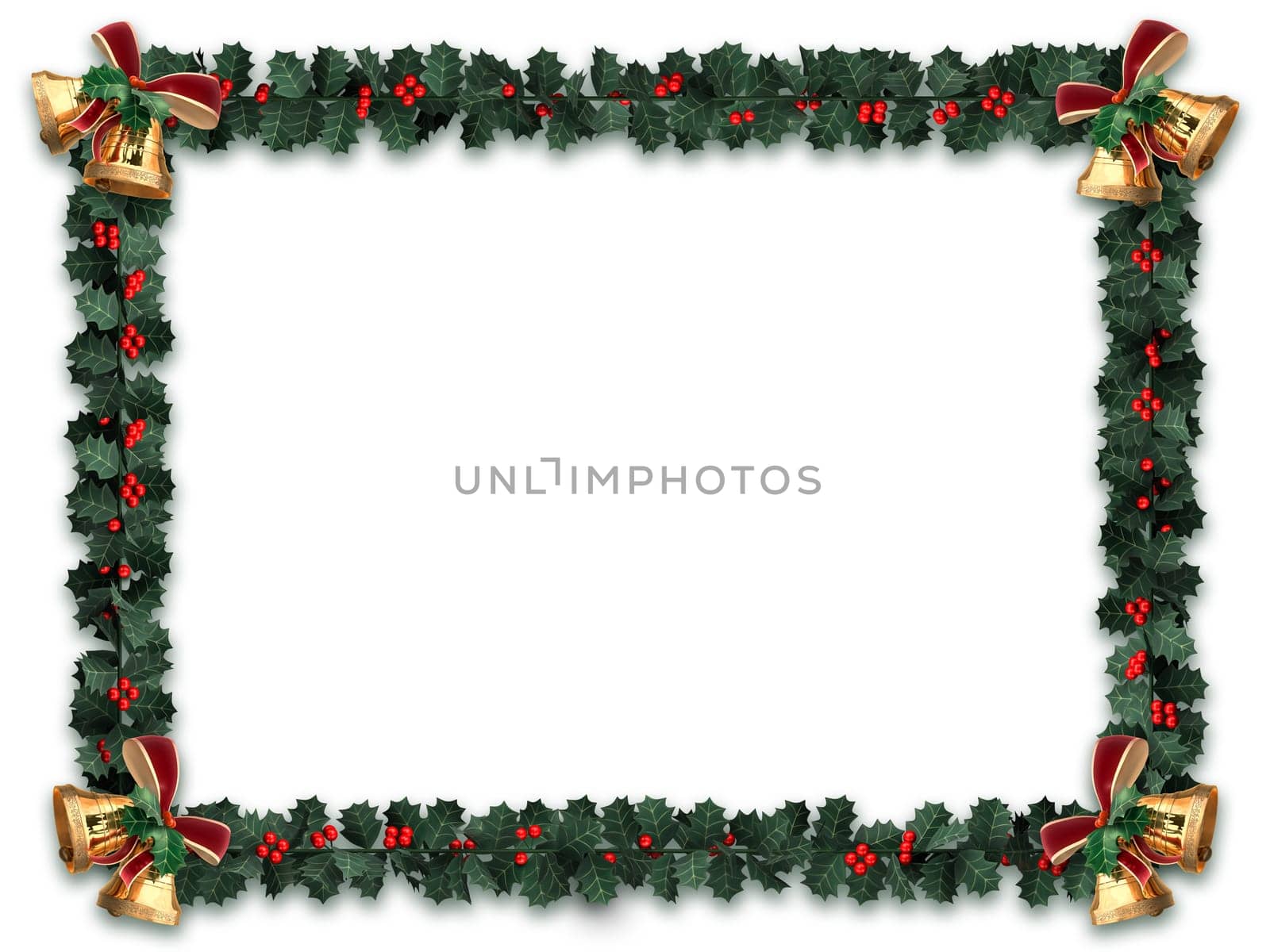 Holly garland border with gold bells on a white background with letter sized aspect ratio