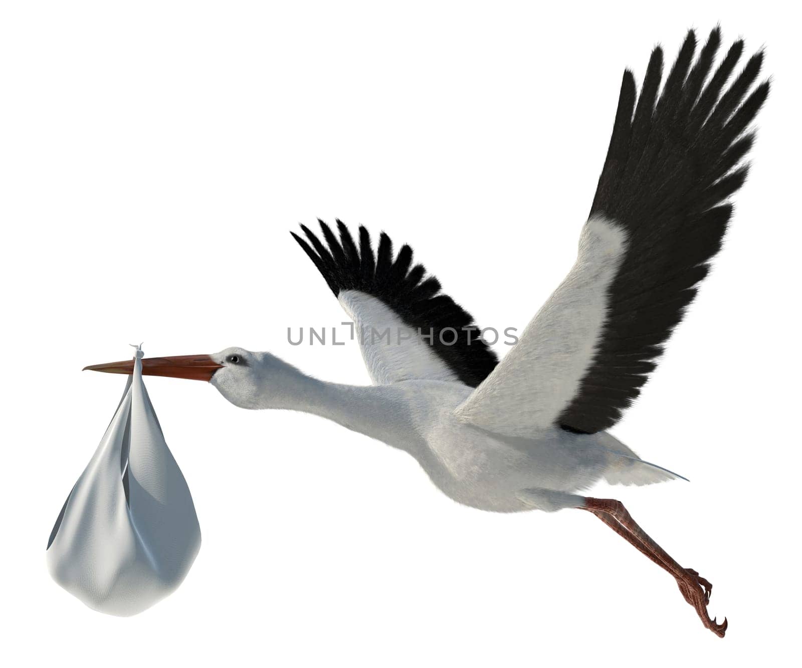 Classic depiction of a stork in flight delivering a newborn baby