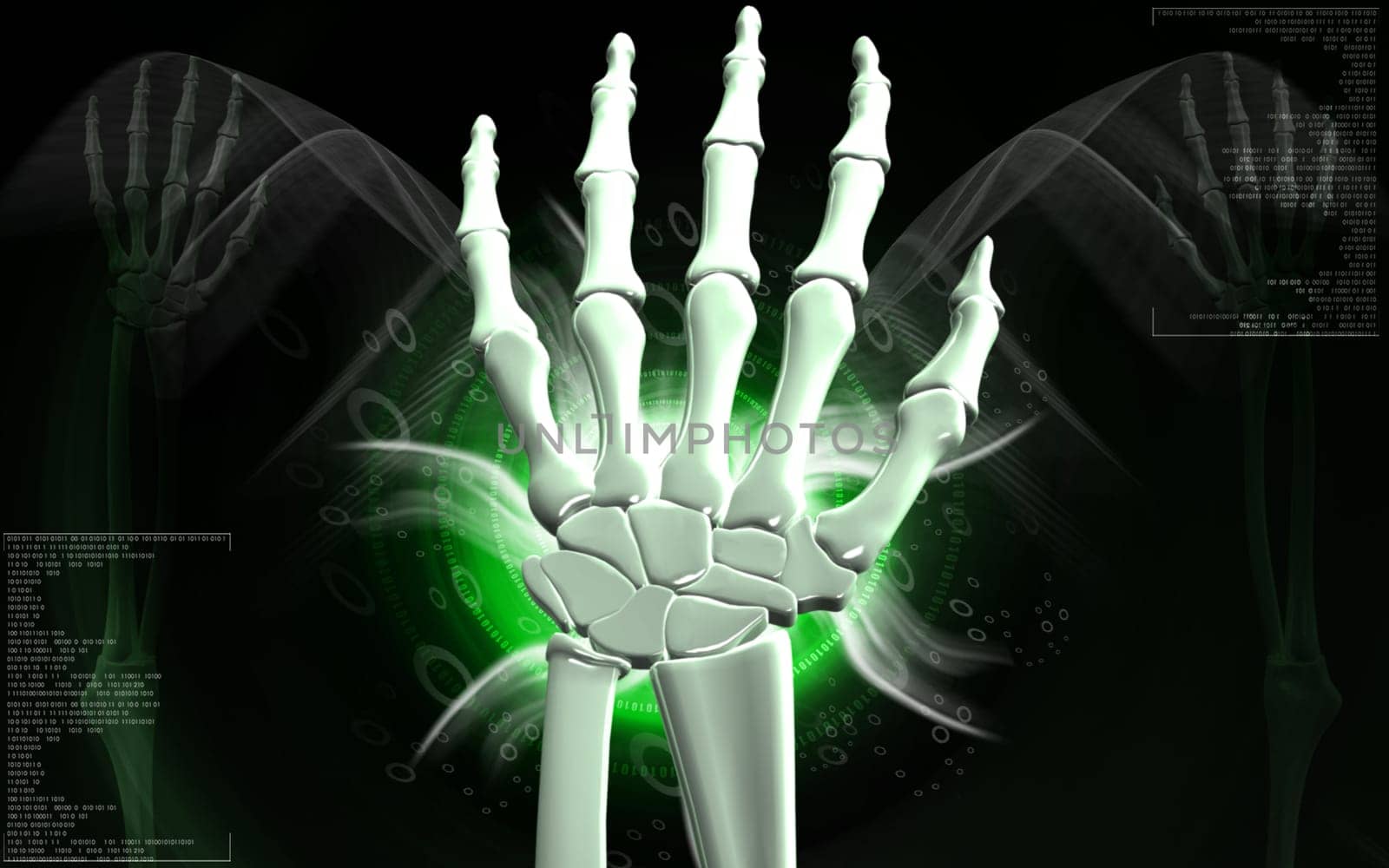 Digital illustration of hand bone in colour background