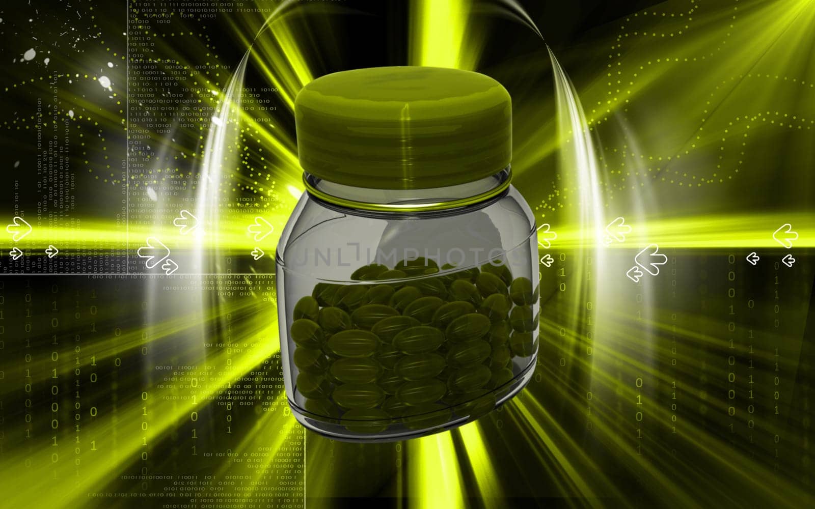 Digital illustration of capsule bottle in colour background
