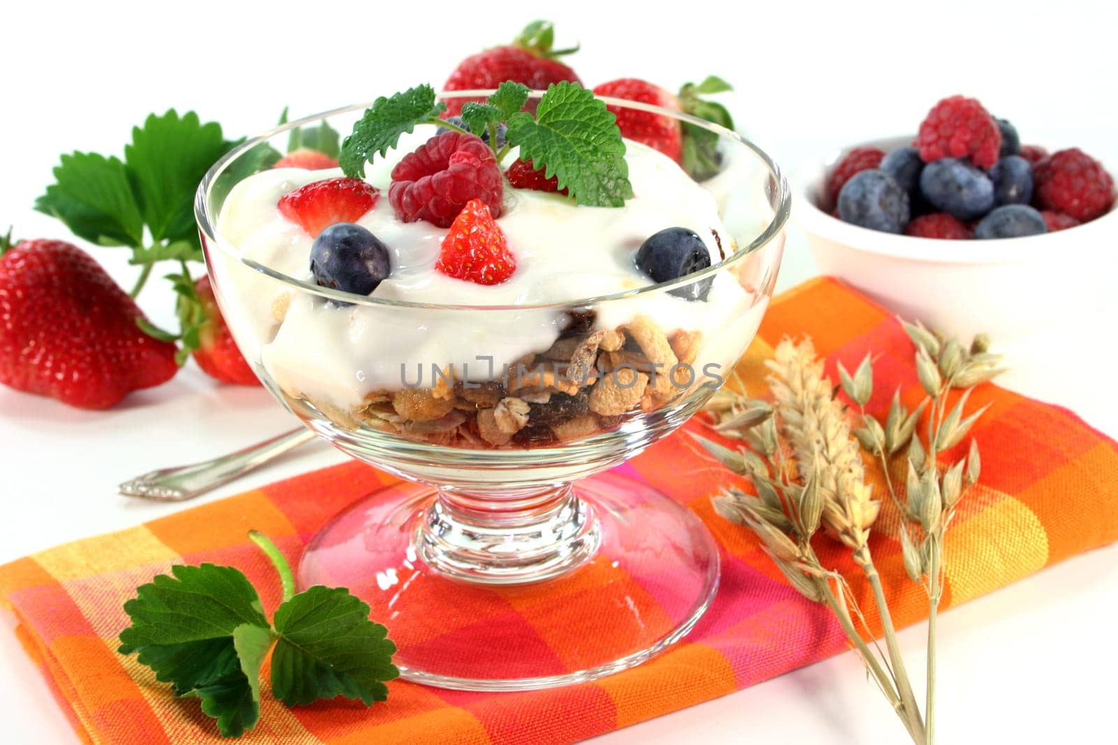 a bowl of fruit muesli with yoghurt and lemon balm