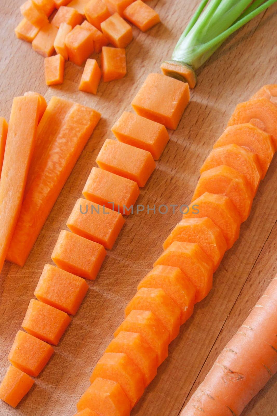 Several cutting of Carrot, slices, pieces, sections