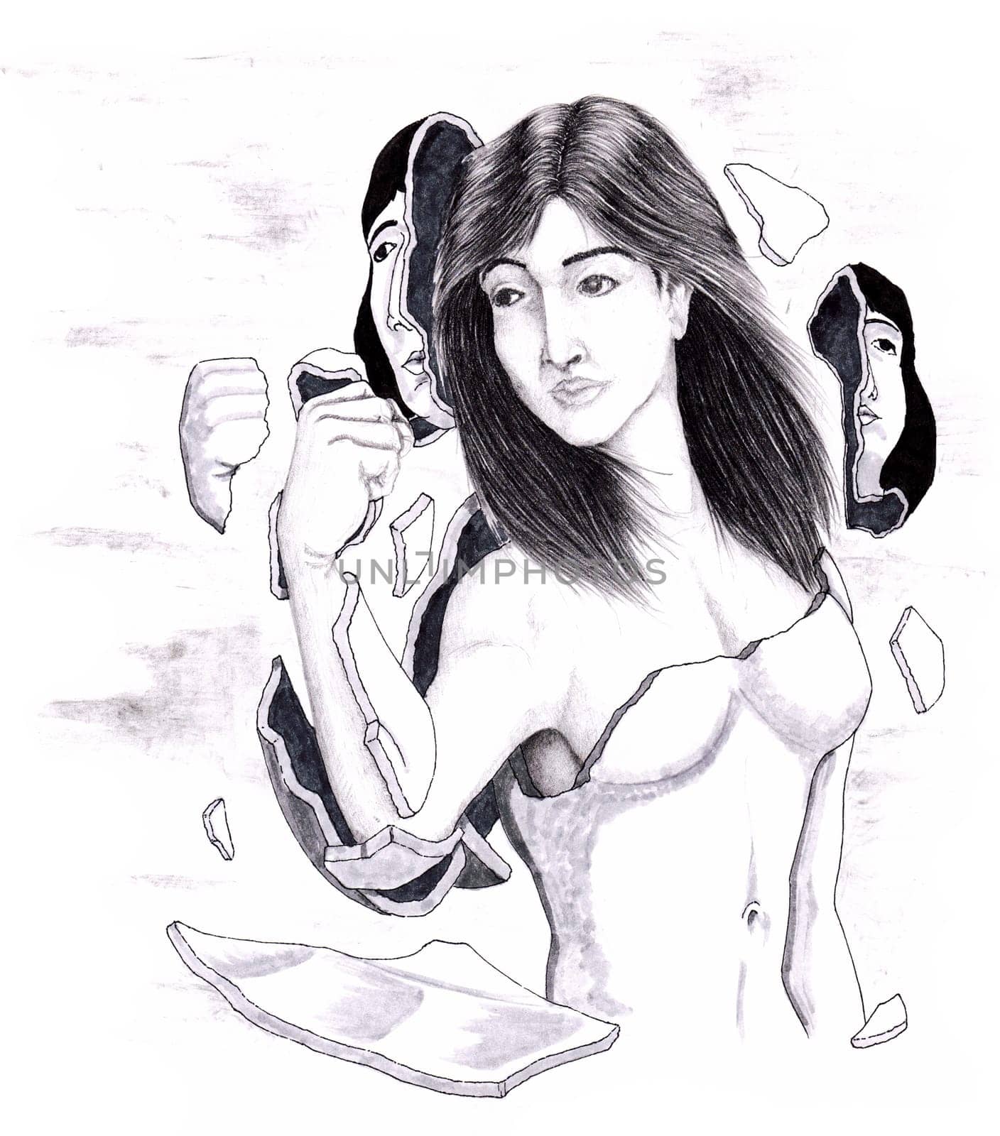 A portrait view of a woman breaking free of the shell of her old self.