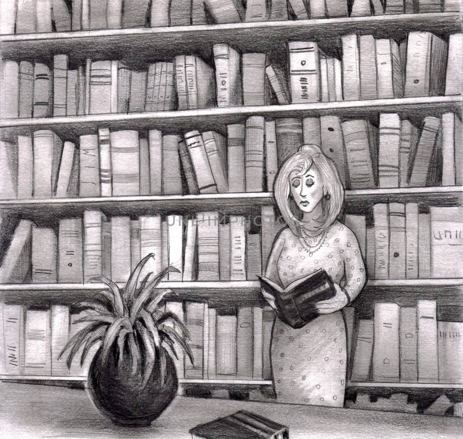 A woman reads a book in the library while standing up. Behind her are many more books on book shelves.