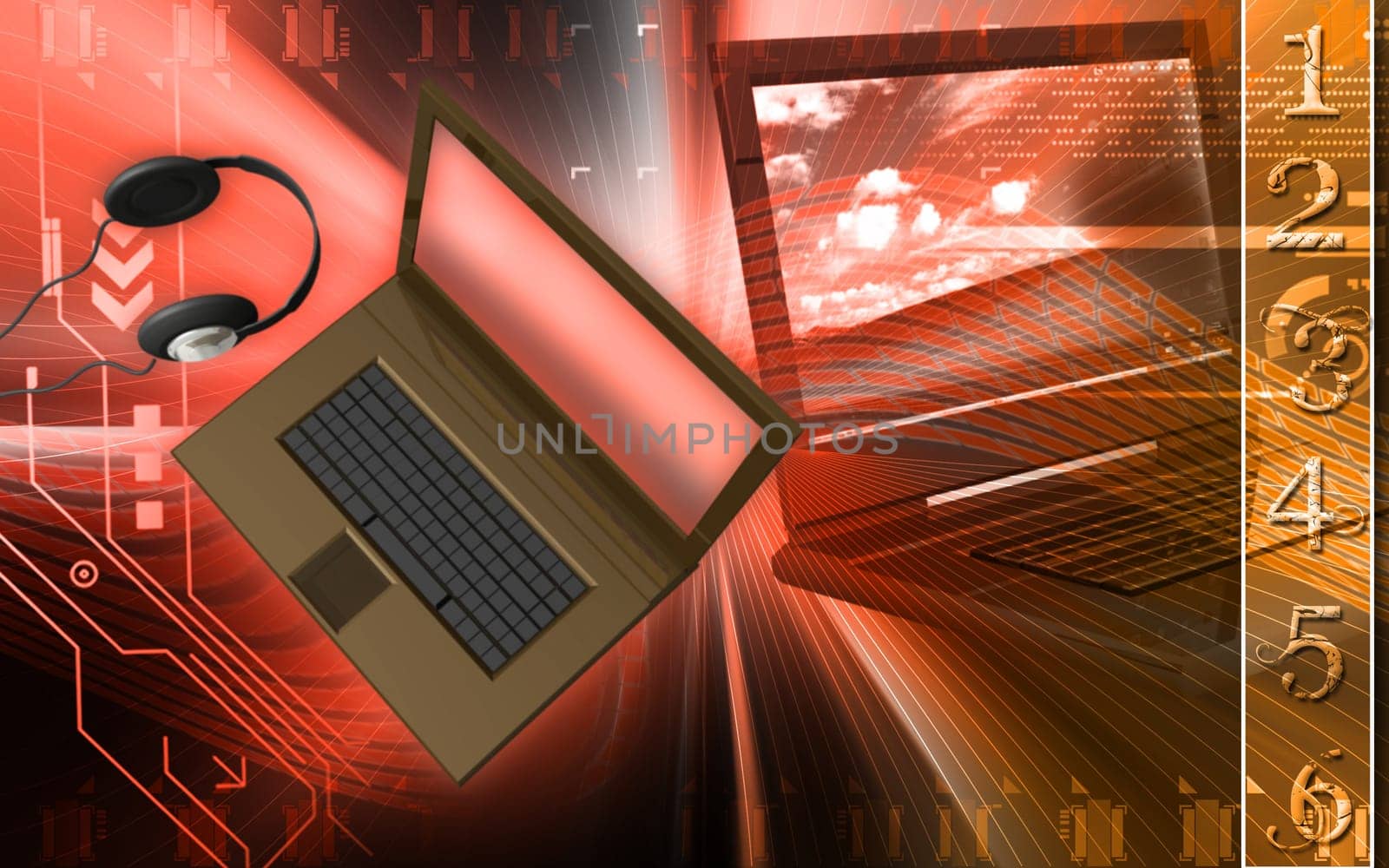 Digital illustration of lap top in colour background