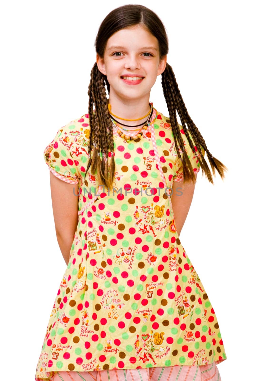 Close-up of a girl posing and smiling isolated over white