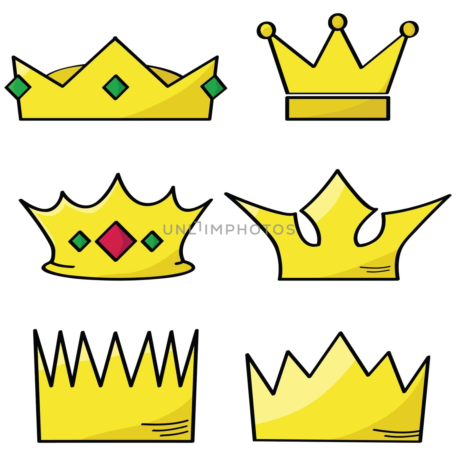 Cartoon illustration of a group of different golden crowns