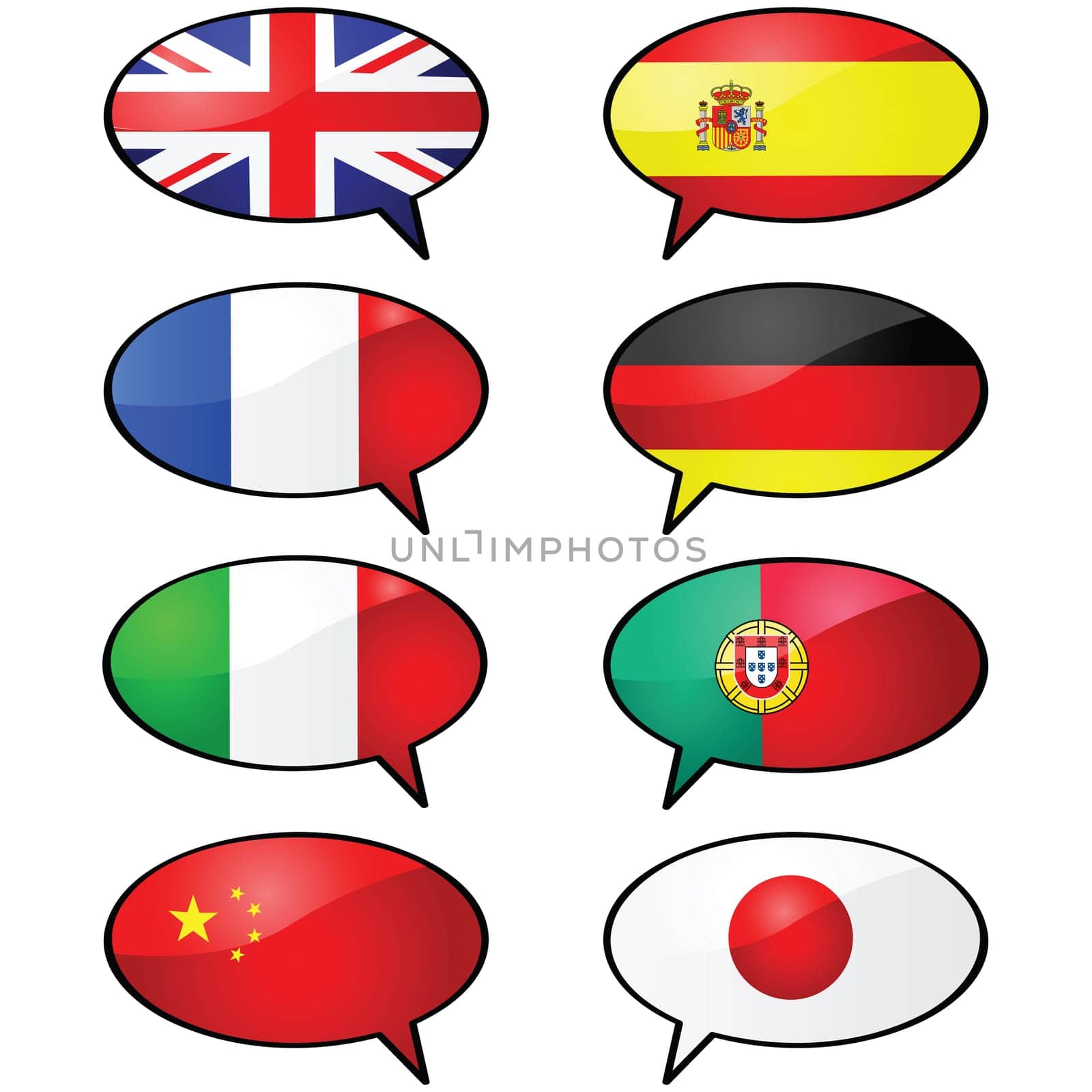 Glossy illustration of several cartoon talk balloons, with different flags representing different languages