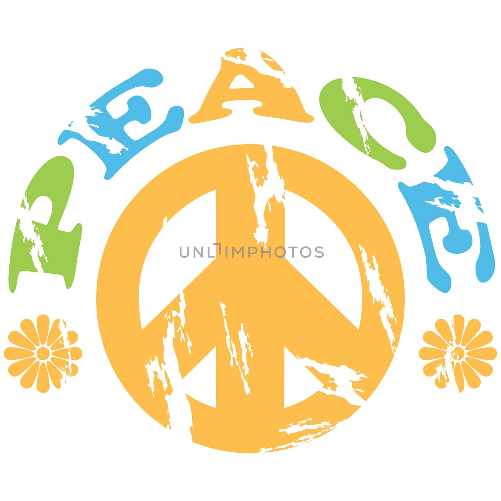 Concept illustration showing a peace sign with the word peace and flowers around it