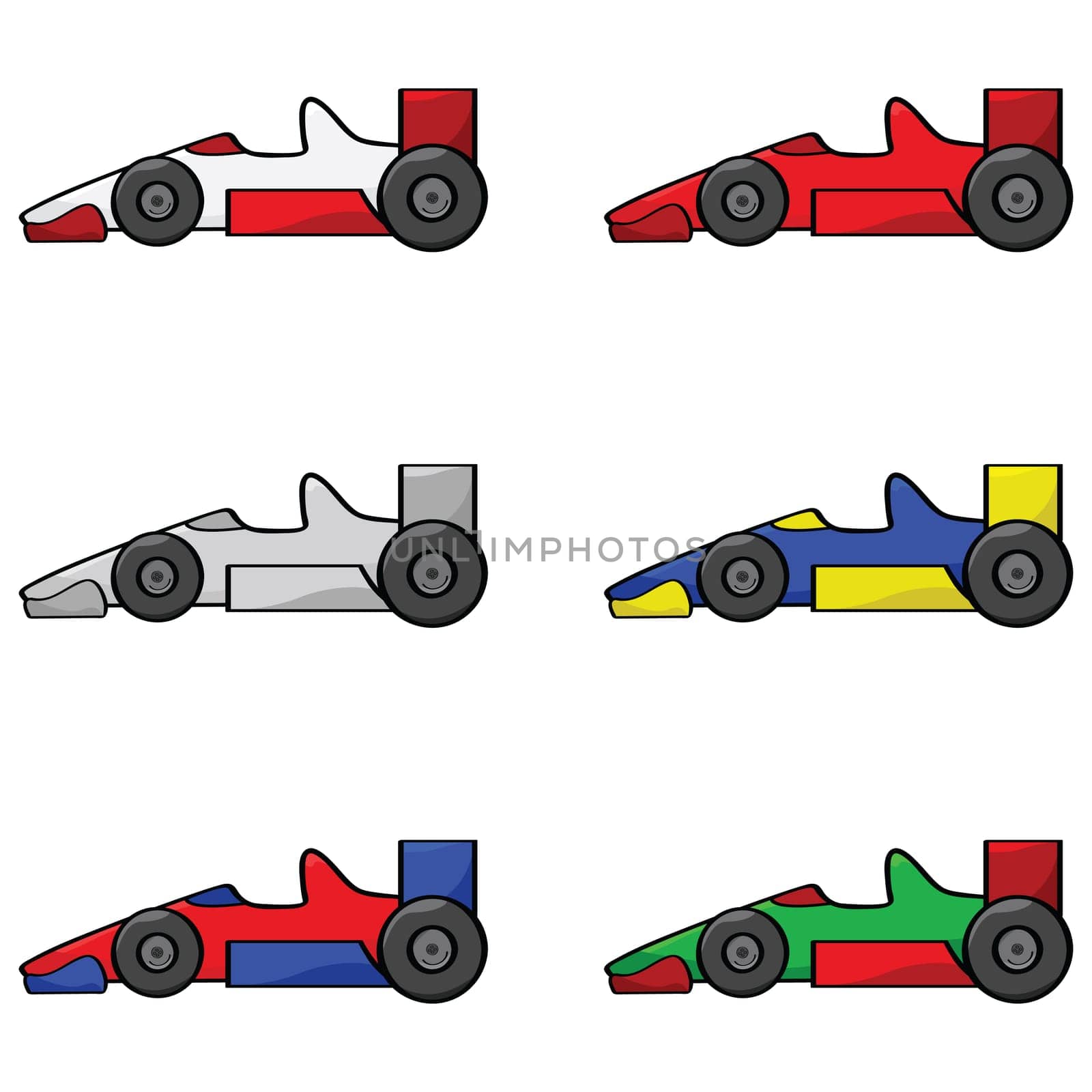 Cartoon illustration of a set of different colored racing cars