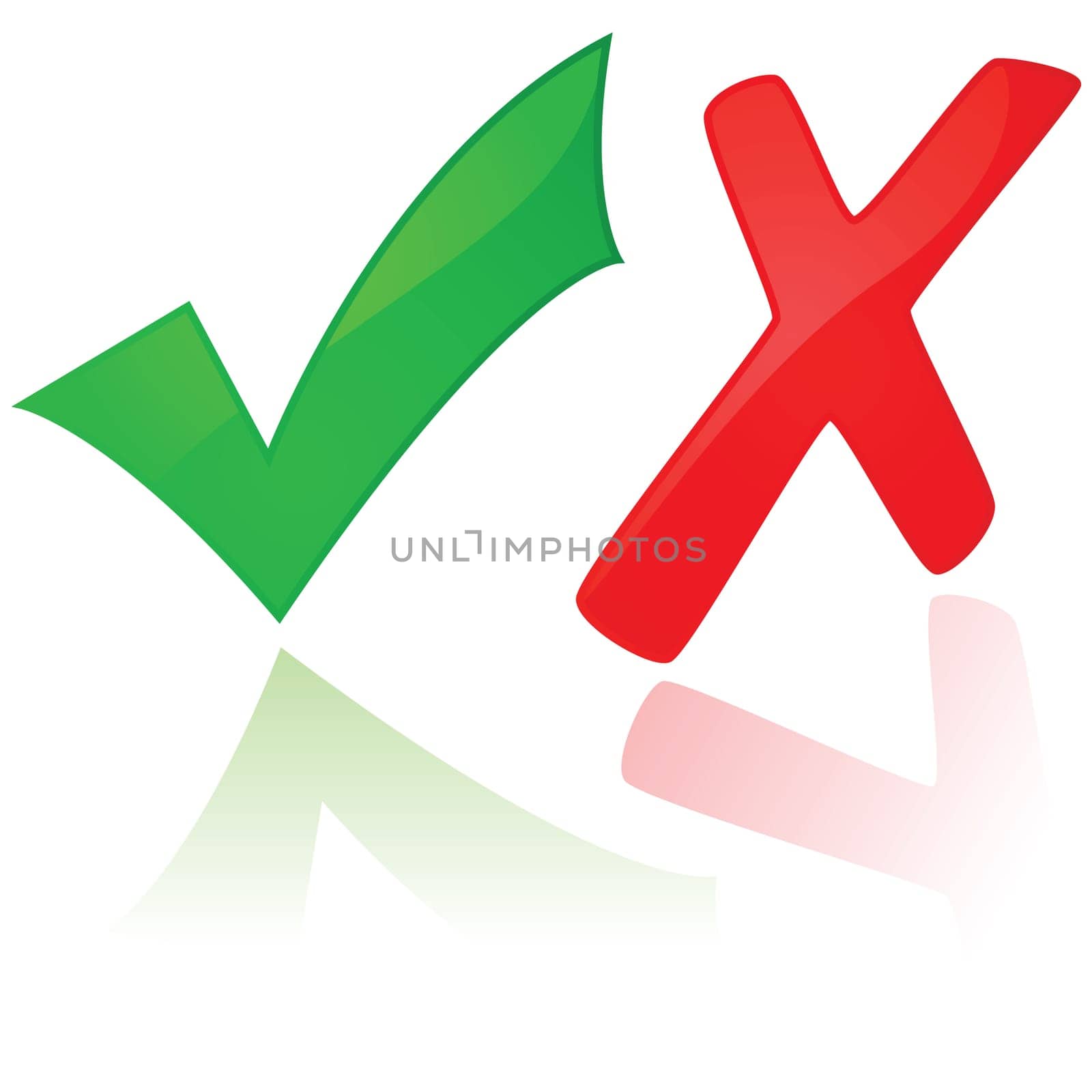 Glossy illustration showing a green check mark and a red X