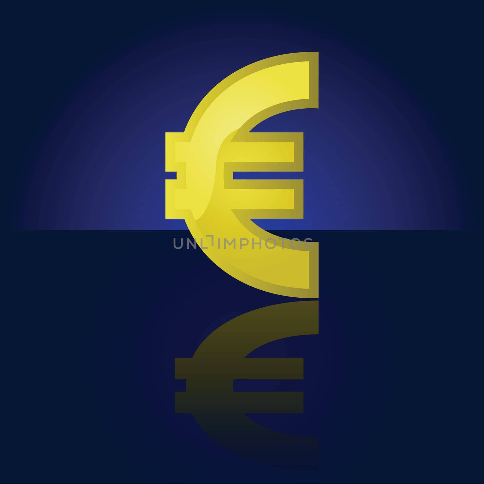 Glossy illustration of a golden Euro symbol, reflected on a dark background