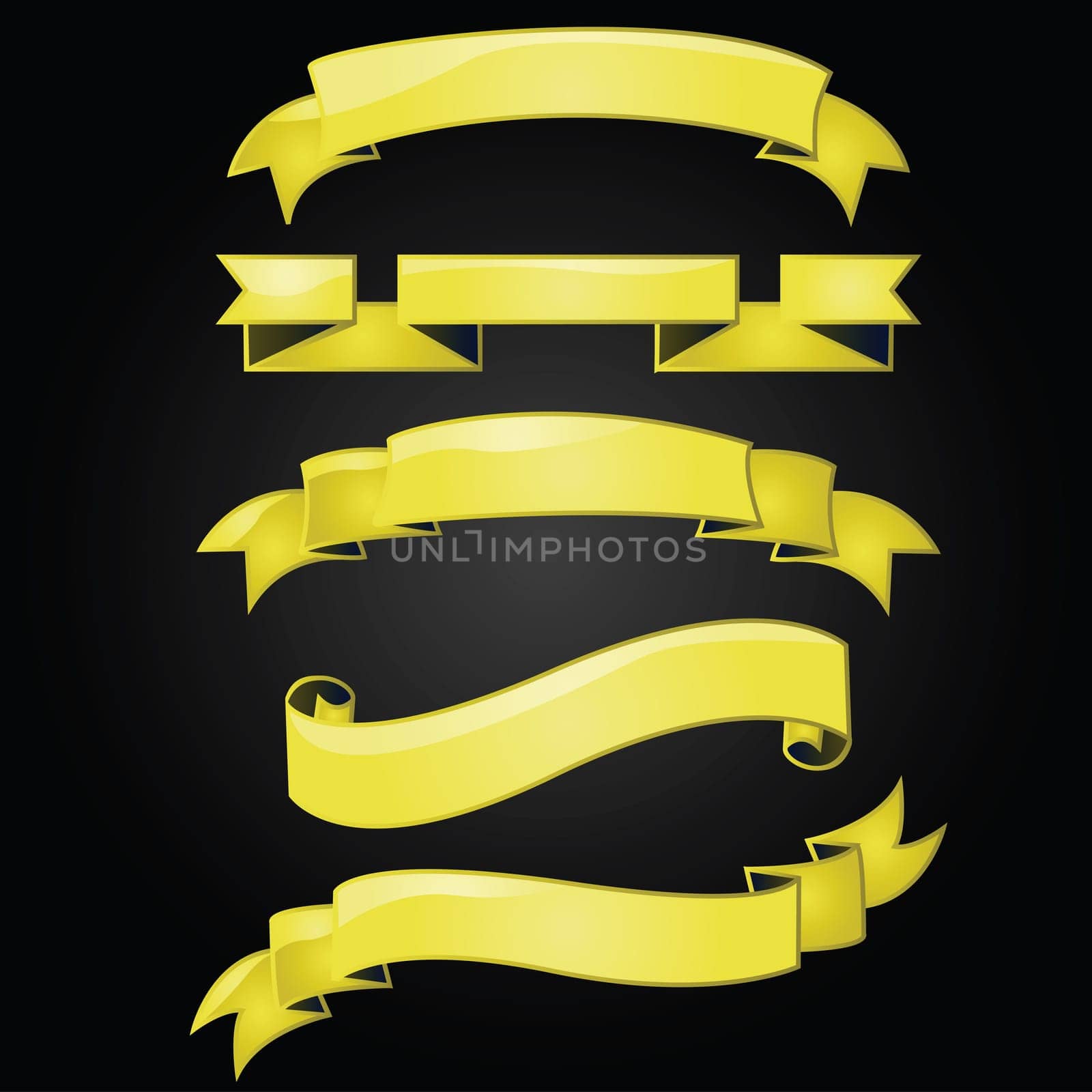 Set of five different golden glossy banners