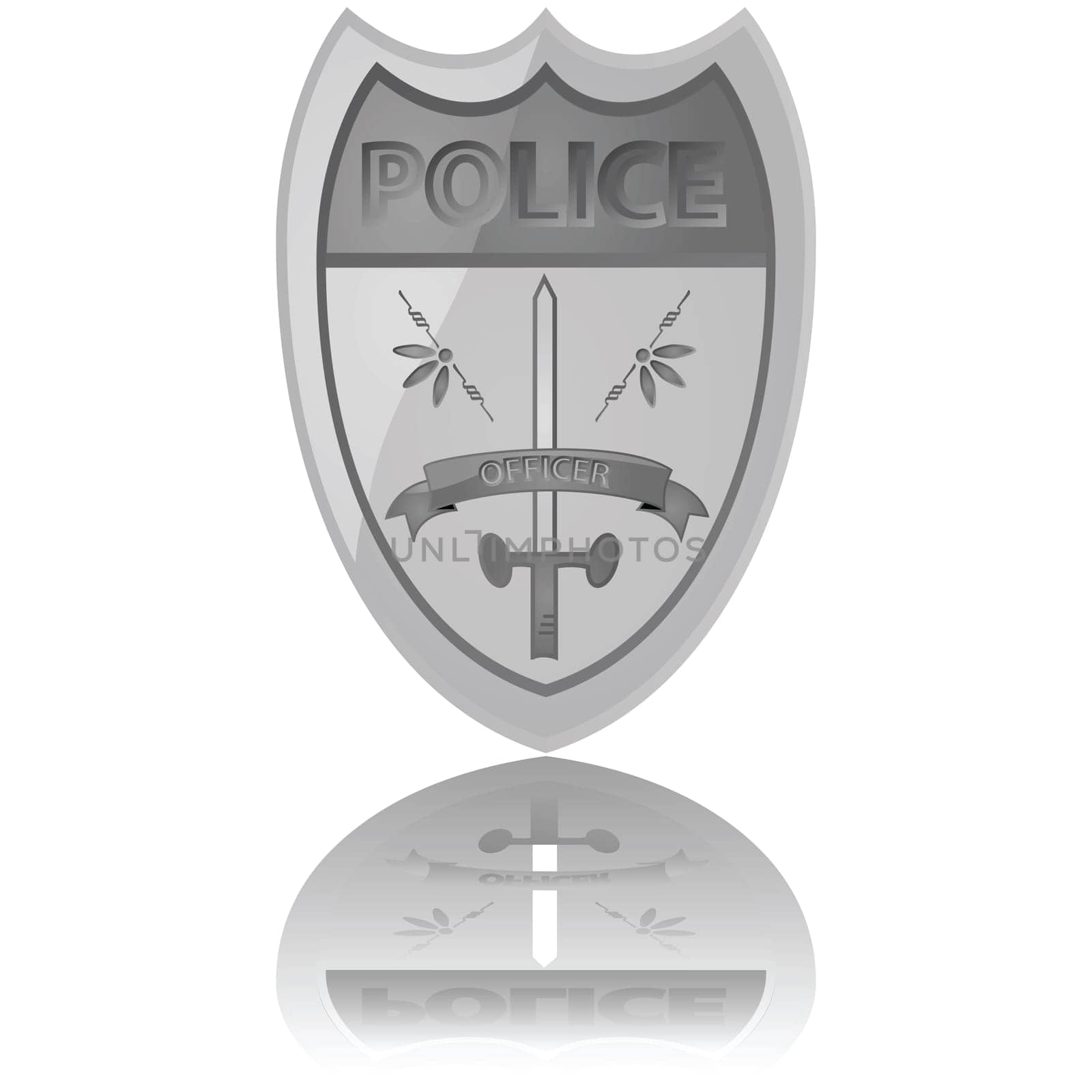 Glossy illustration of a police badge reflected on a white background