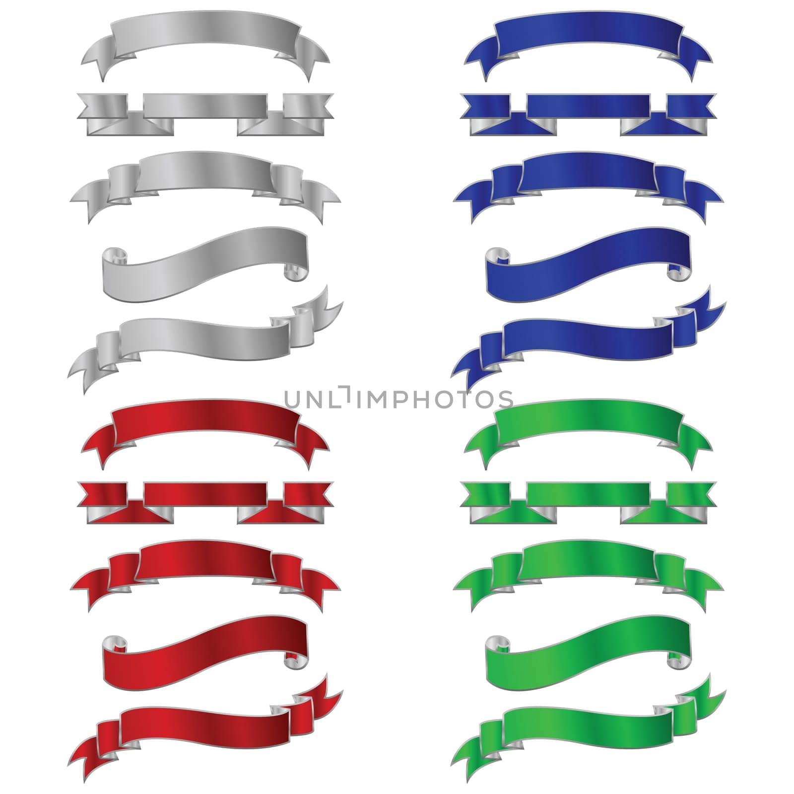 Set of five different colored metallic banners