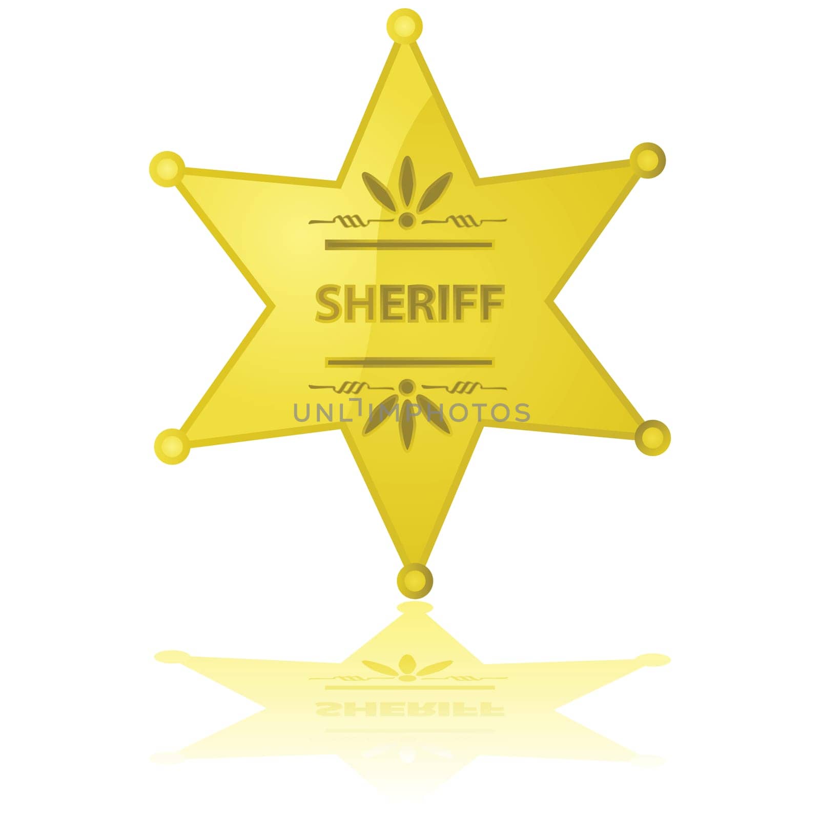 Glossy illustration of a golden sheriff star reflected on a white background