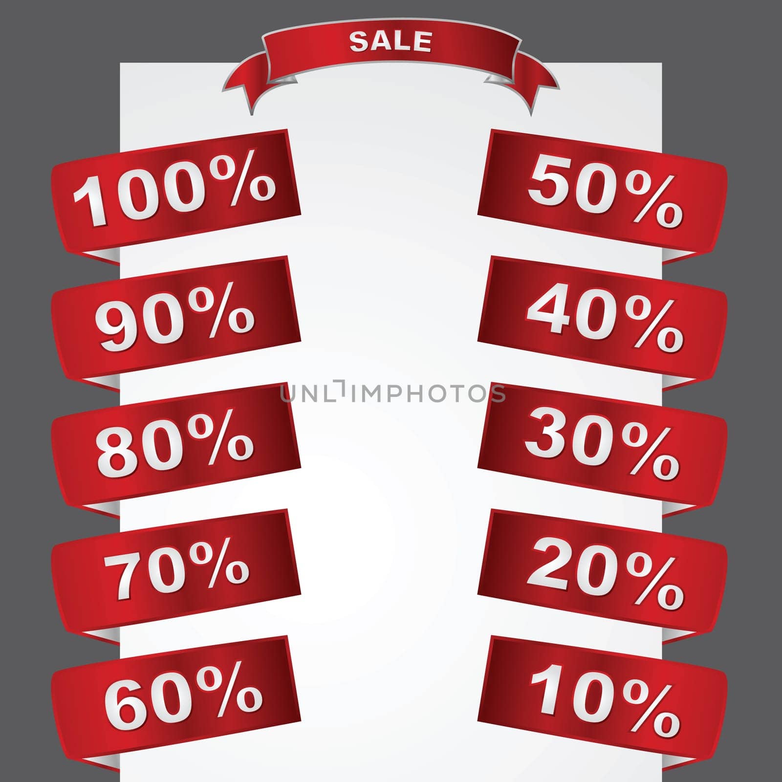Metallic sale tags showing different degrees of discounted merchandise
