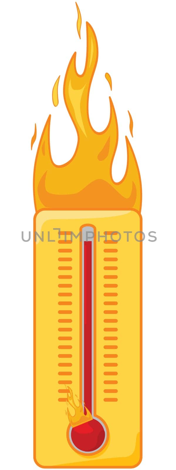 Cartoon illustration of a thermometer on fire to show it&#039 s too hot