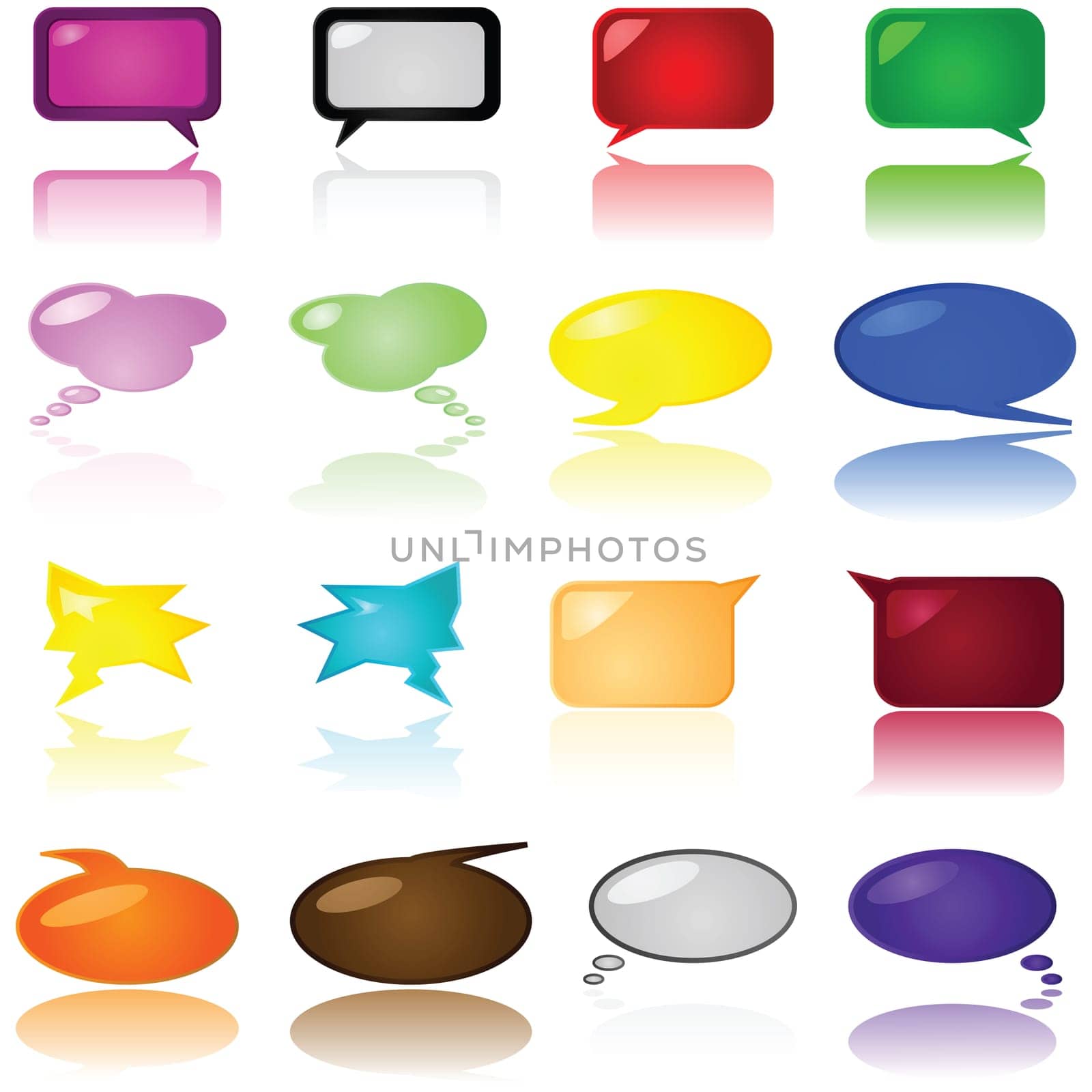 Set of glossy cartoon talk and thought balloons, in different colors