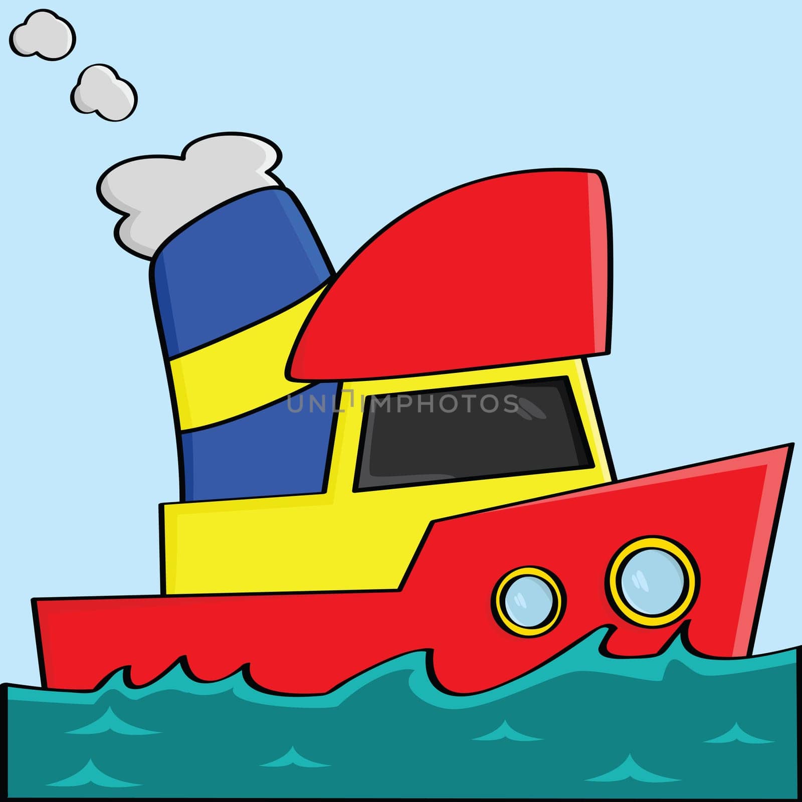 Vector illustration of a yellow, red and blue cartoon boat