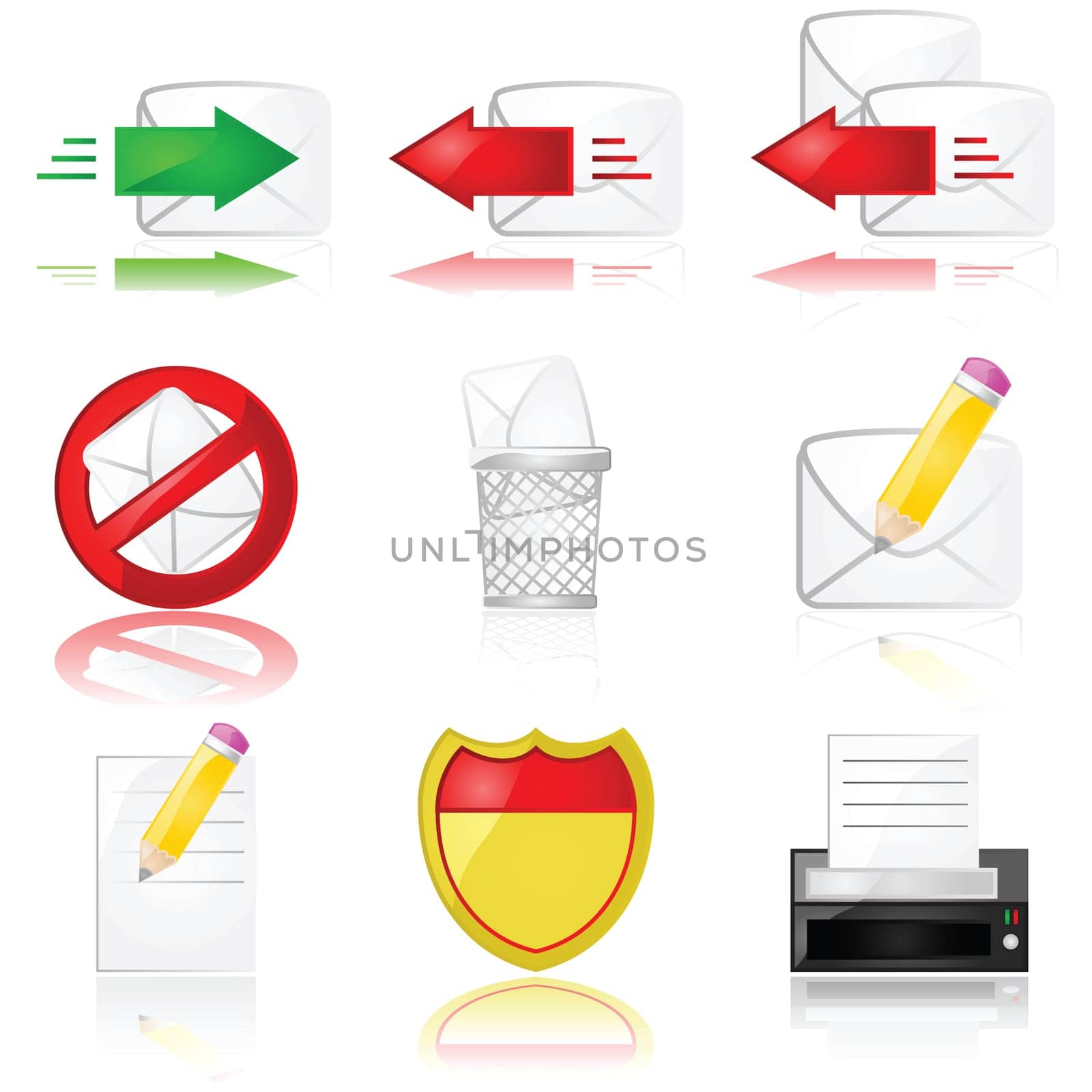 Set of different glossy icons related to mail and communication