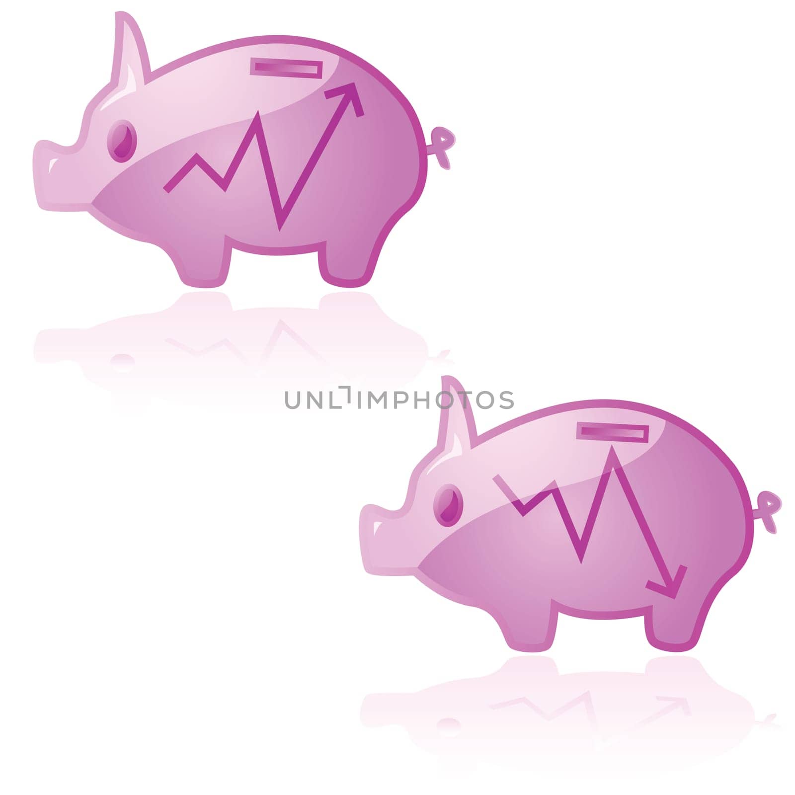 Glossy illustration of a piggy bank reflecting the ups and downs of the market