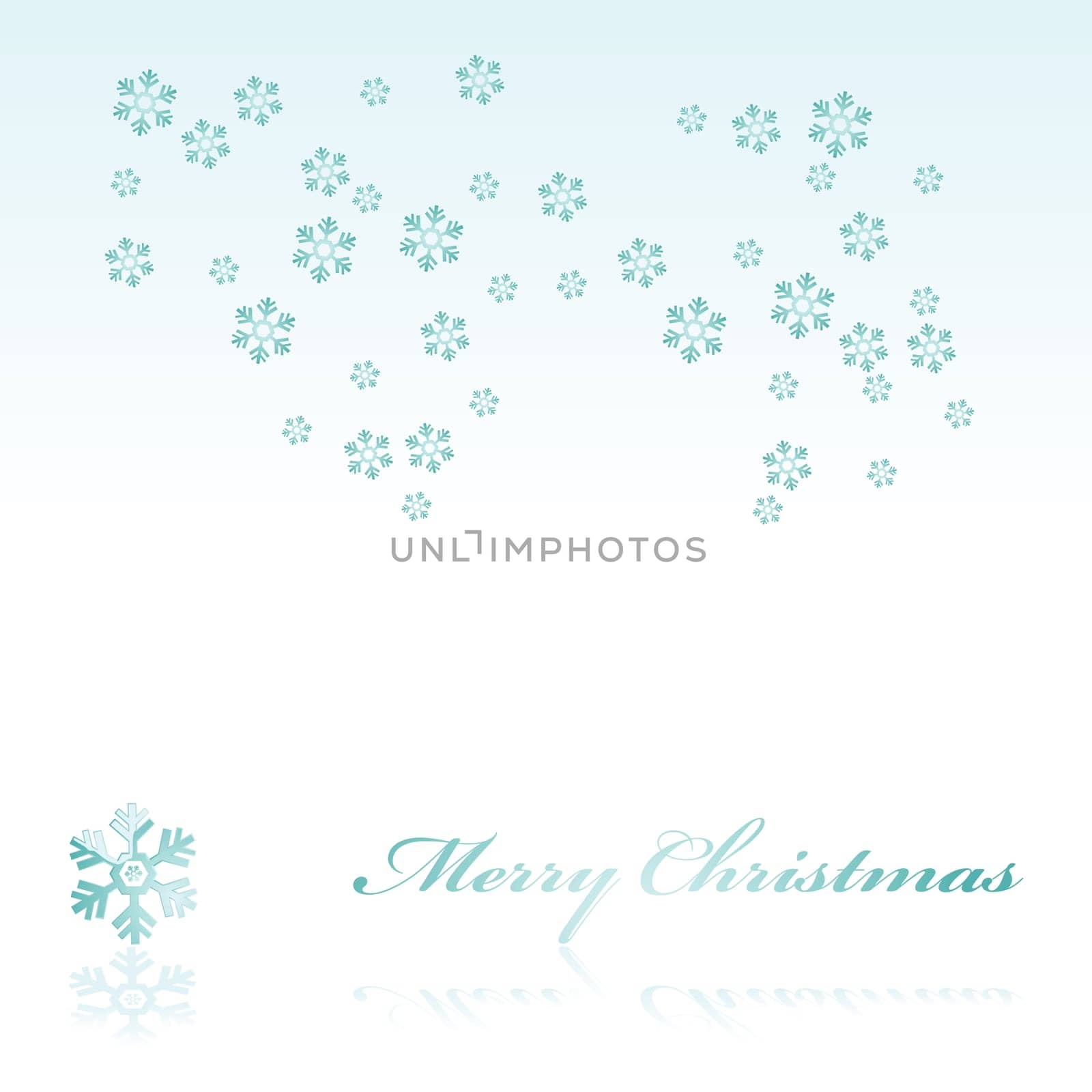Illustration of a Christmas background showing snowflakes falling and a bigger glossy snowflake with the words &#039 Merry Christmas&#039  reflected over white